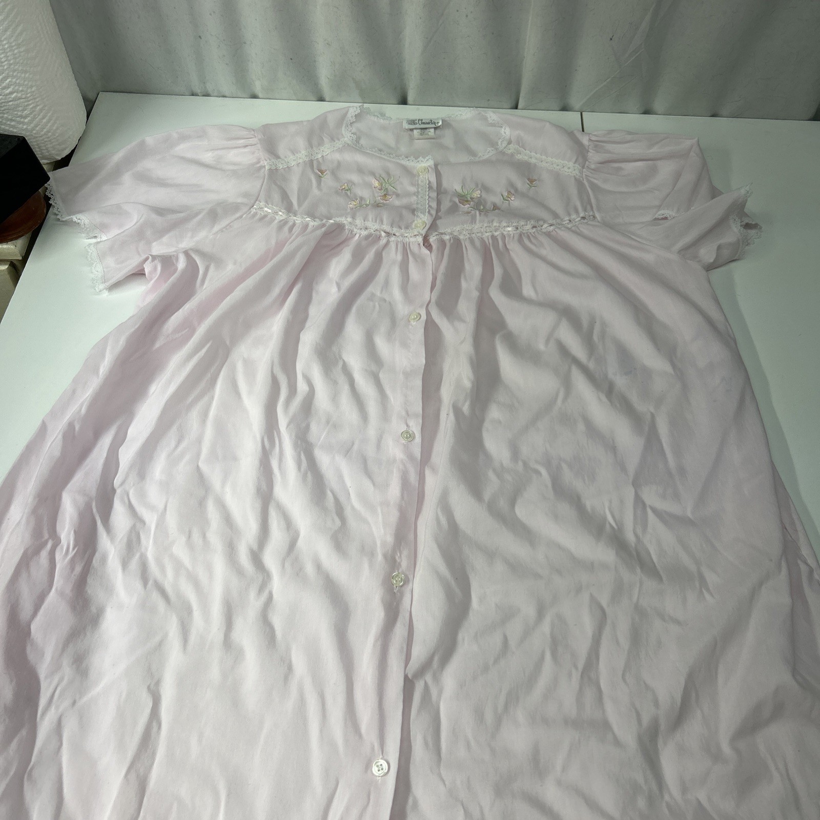 VTG Character Pink Lacy Flowers Mu Mu House Coat Short Sleeve Button Up XL