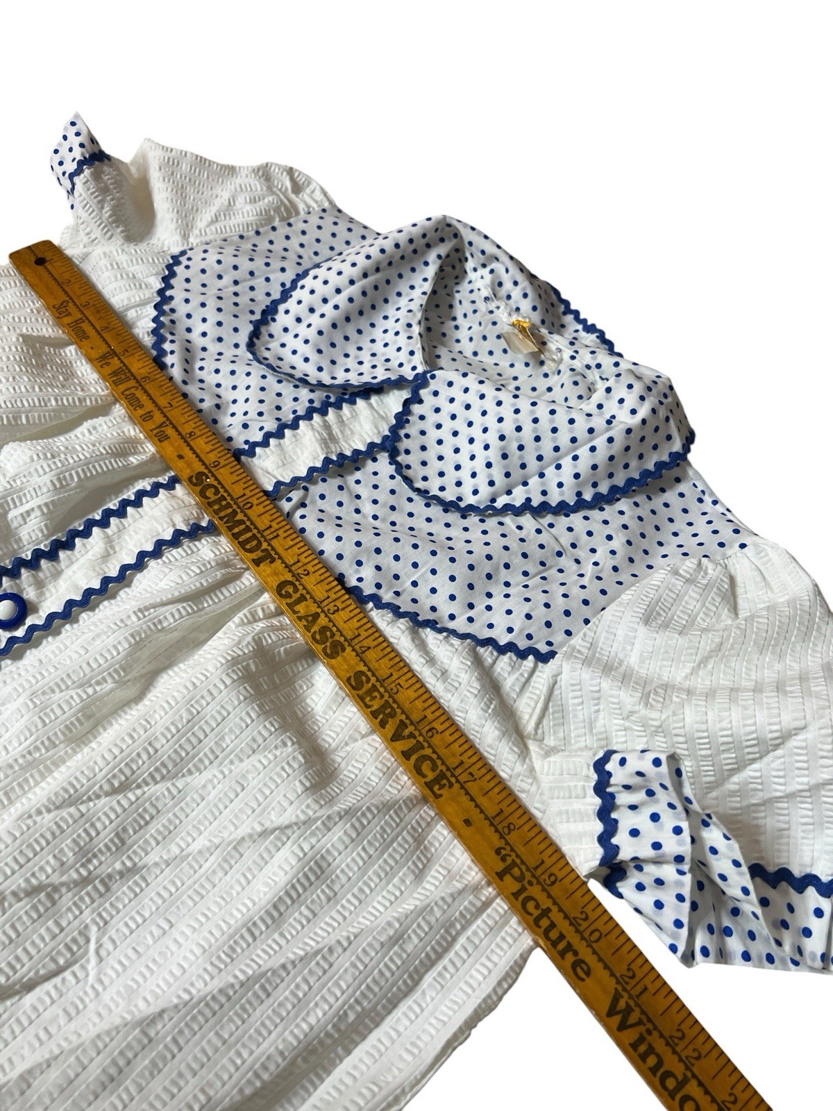 Vintage Nightgown House Dress White Blue Polka Dot Rick Rack Peter Pan Collar