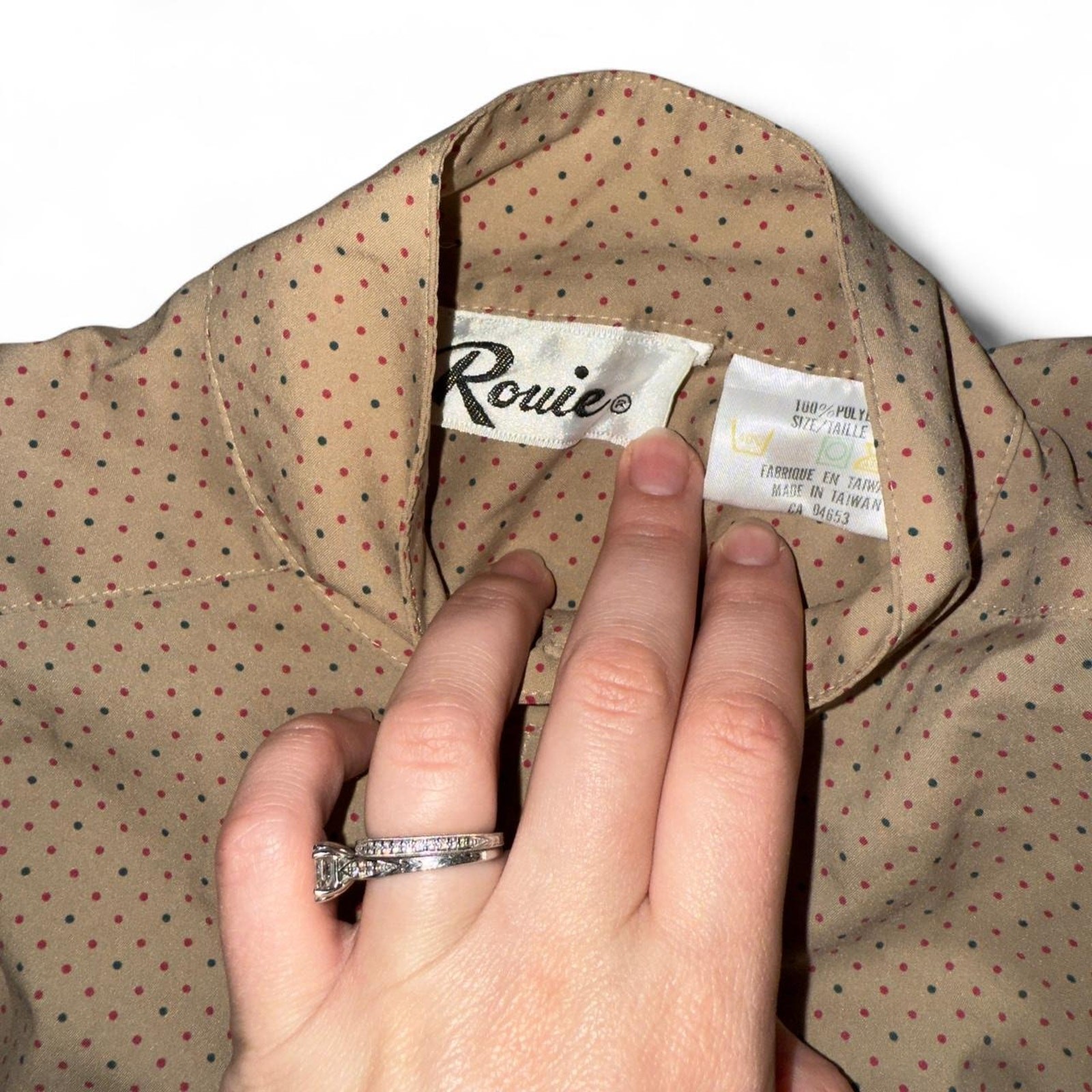 Charming vintage tan, pink & black polka dot button up shirt dress women size 6