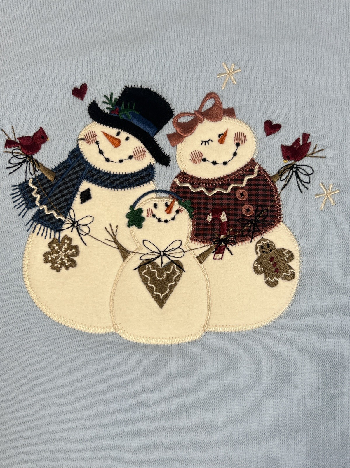 90s Endless Designs Snowman Sweatshirt XL Light Blue Embroidered Winter Holiday