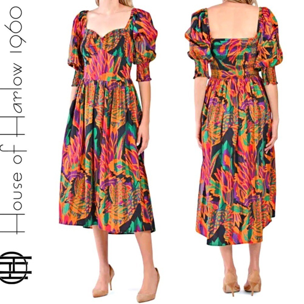 House of Harlow 1960 Vibrant Patterned Midi Dress Sz L (TXA921)