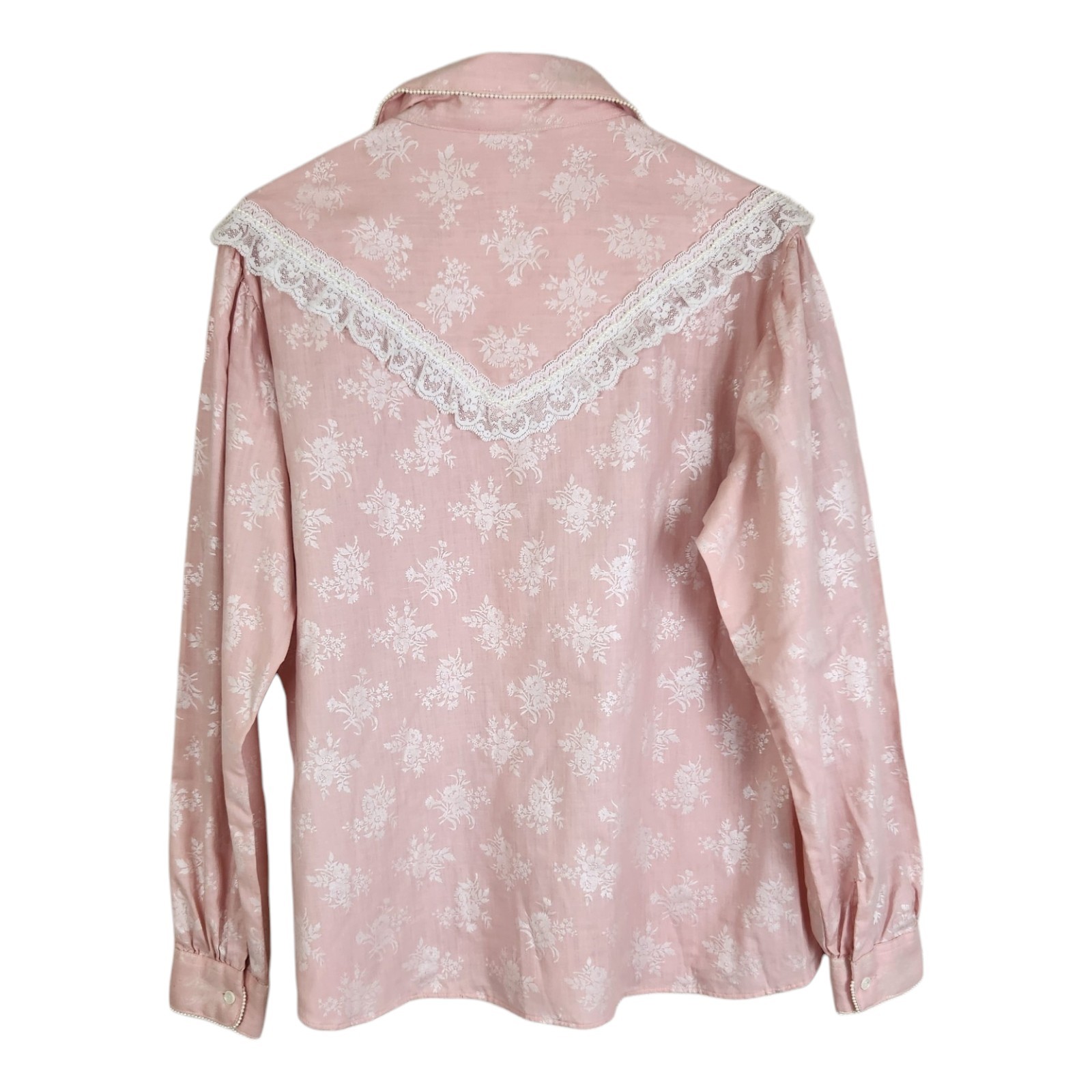 Vintage Karman Womens Pink Western Shirt XL Lace Pearls Roses Coquette Cowgirl