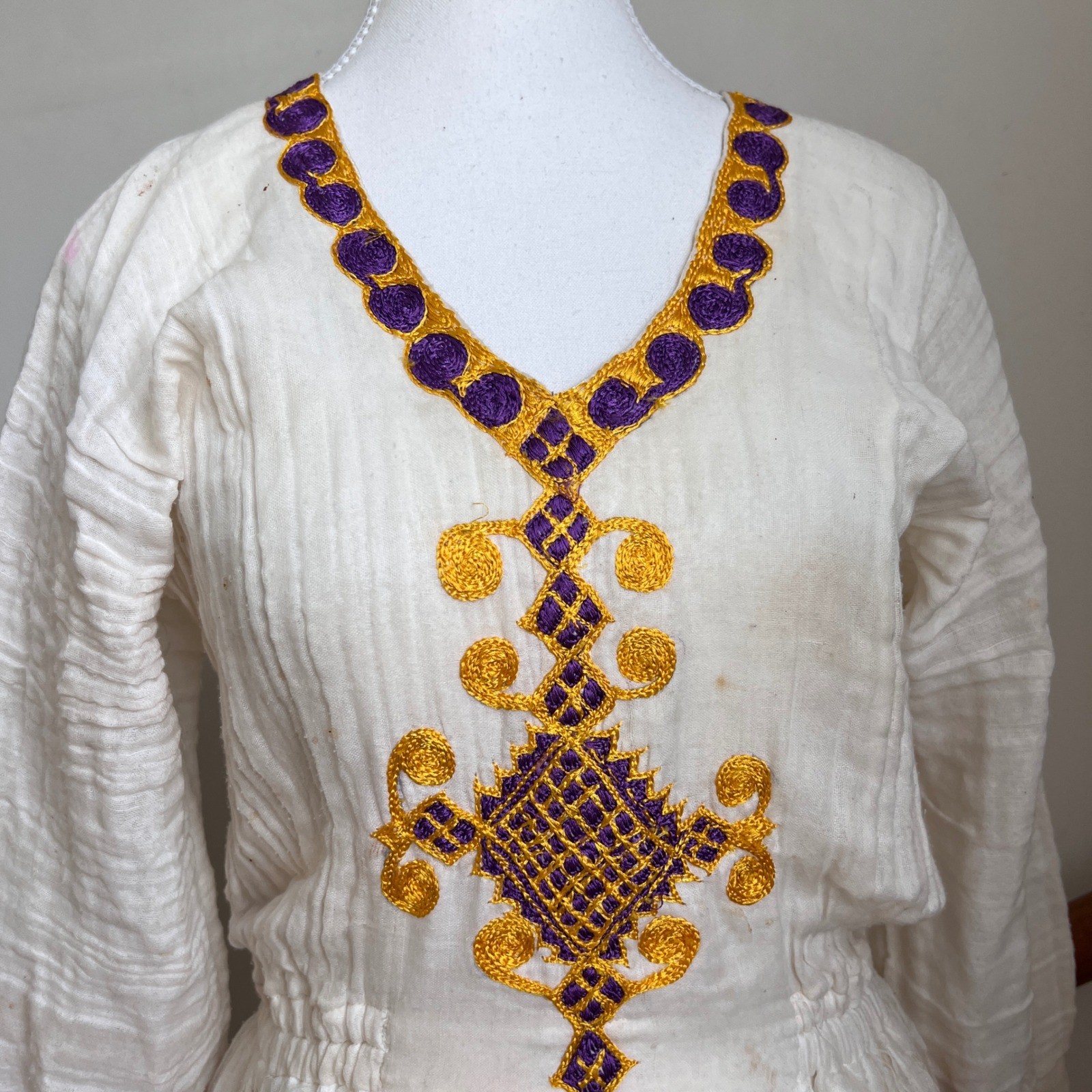 Vintage Embroidered 70s Maxi Dress White Gauze Cotton Purple Gold Tilla Boho
