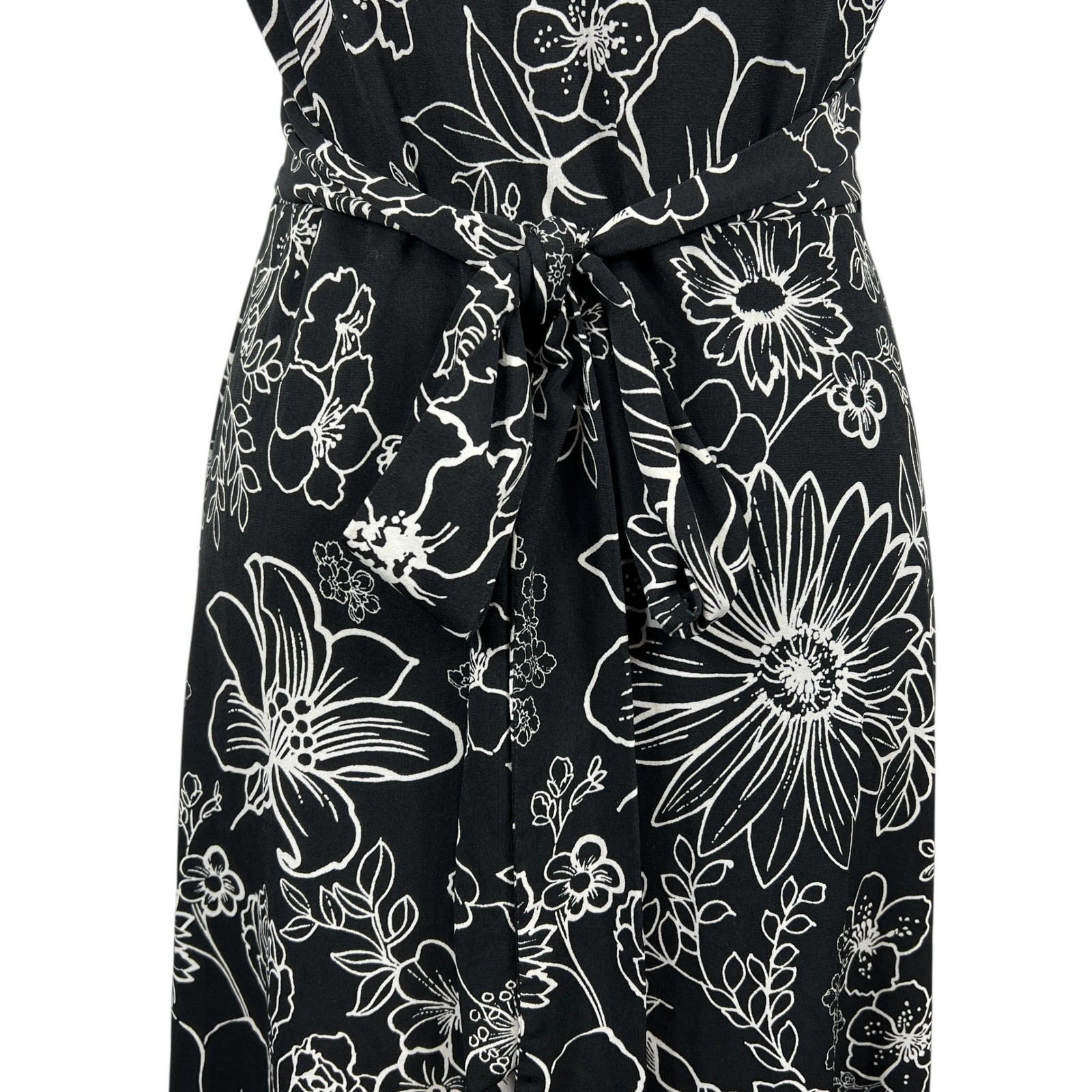 Vintage Y2K Floral Mock Wrap Midi Dress 11/12 Black White Tie Back Empire Waist