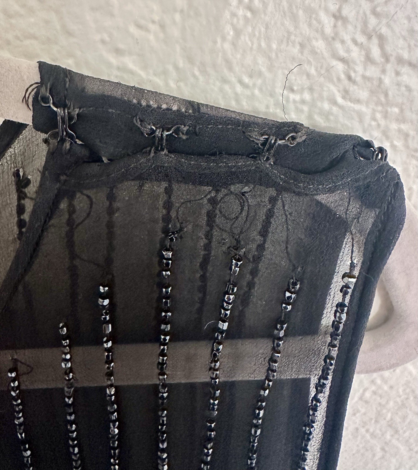 Antique Art Deco Beaded Silk Chiffon Tabard Dress Black Glass Beads 1920s Medium