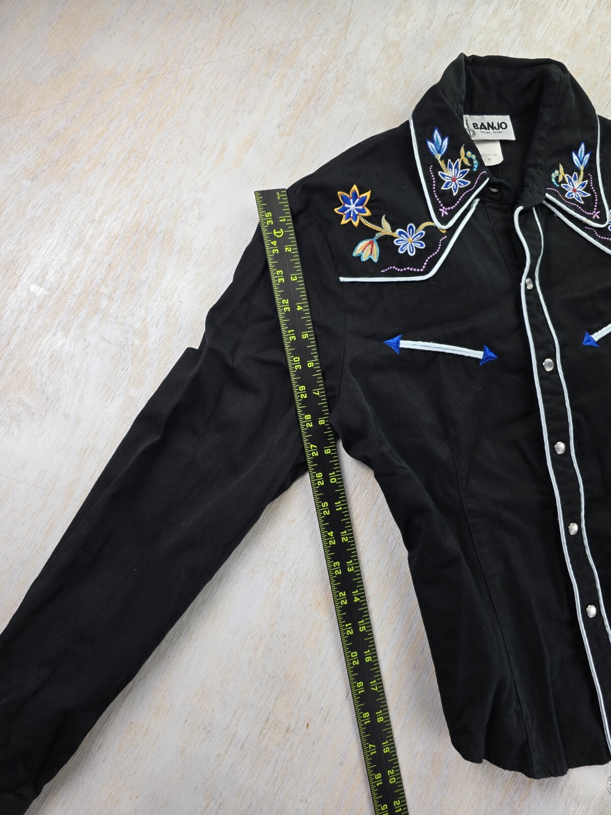 VTG Banjo Floral Arrows Black Western Sz M Women’s Shirt Rodeo Dallas Texas USA