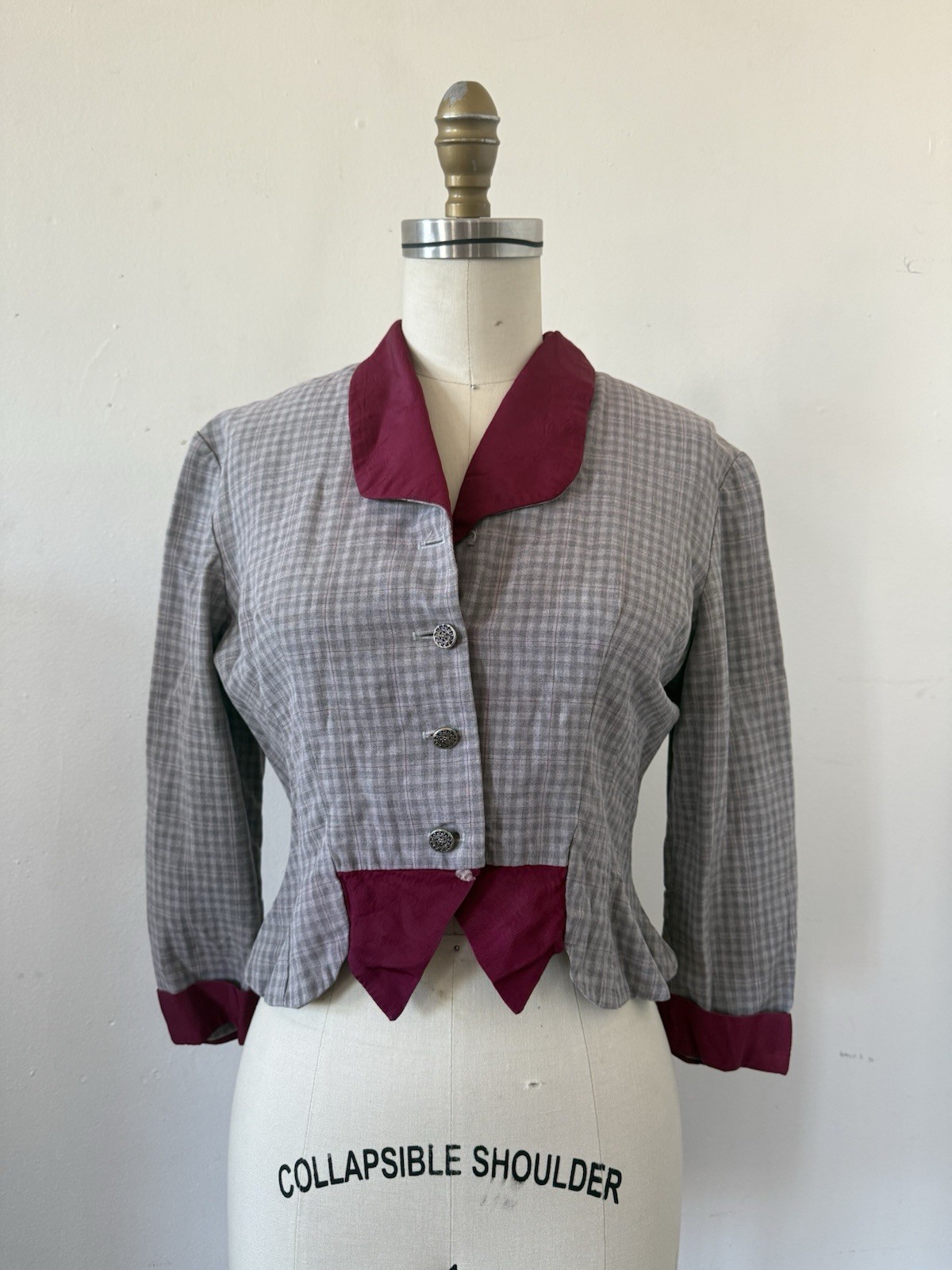 1940s Plaid Rayon Structured Peplum Jacket/Bodice Top W/ Contrast Faille Trim S