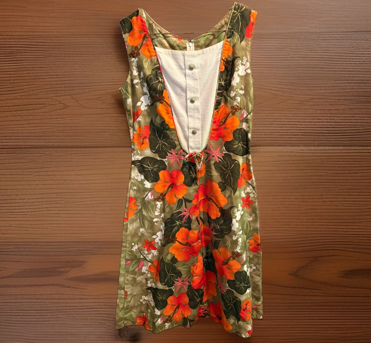 VINTAGE REEF Brand Hawaiian Dress Green Orange Hibiscus Floral Tiki Authentic