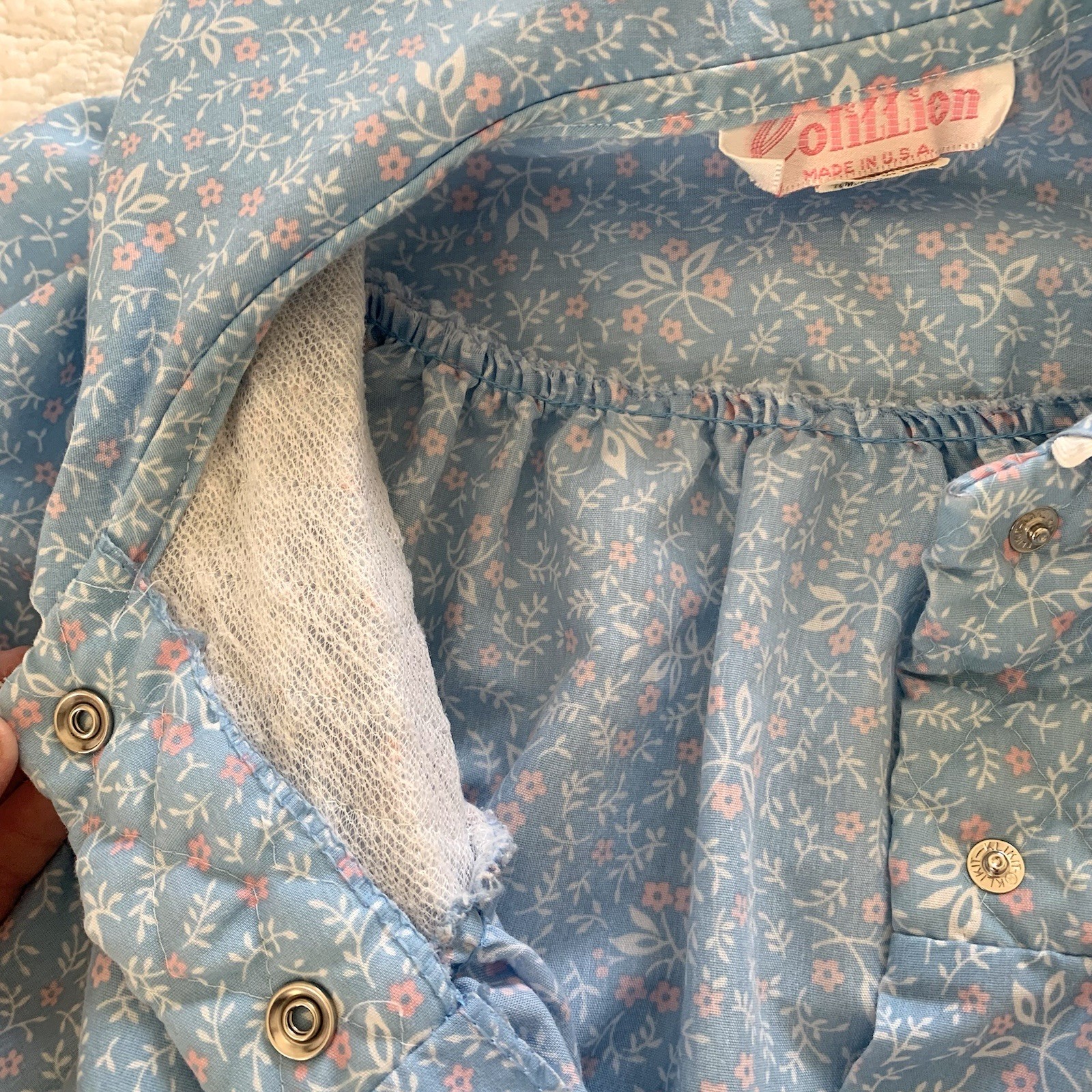 Vintage Cotillion House Dress Coat Muumuu Blue Floral USA Made Snap Closure Sz S