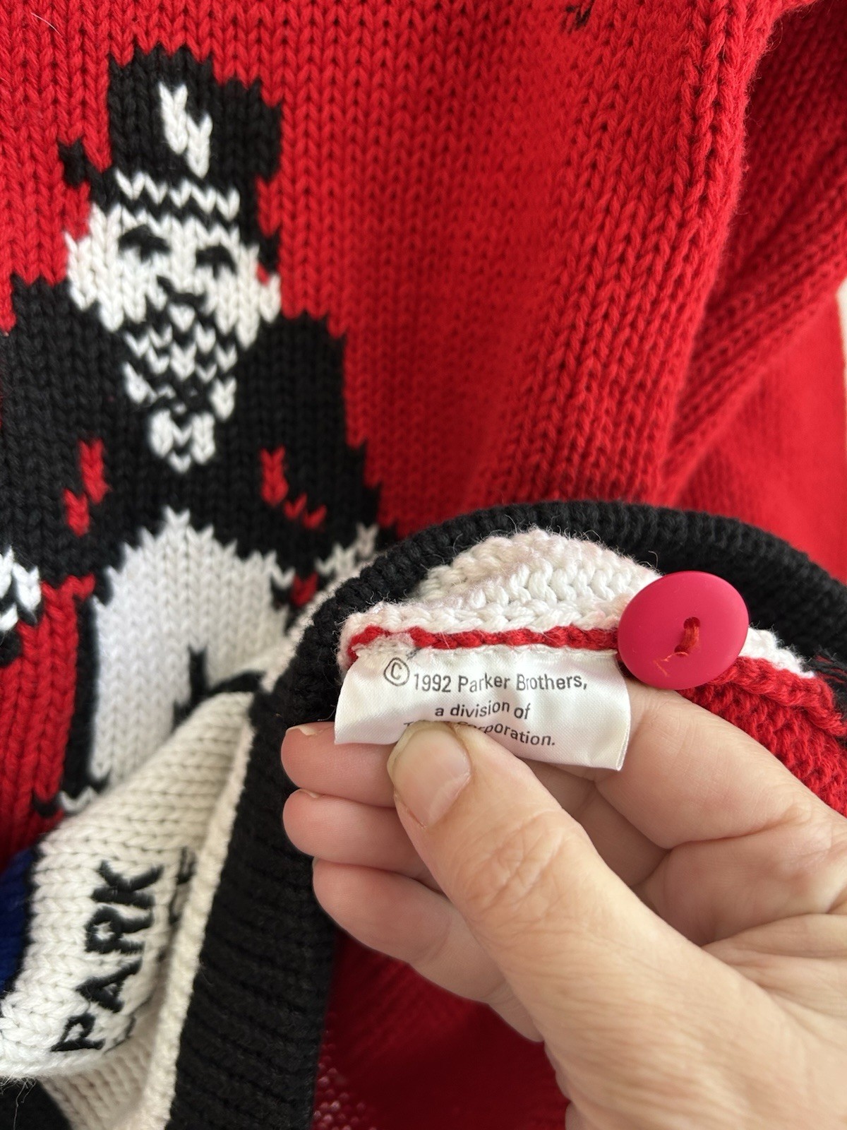 Vtg The Eagle’s Eye MONOPOLY BOARD GAME knit cardigan Women’s Size L RARE