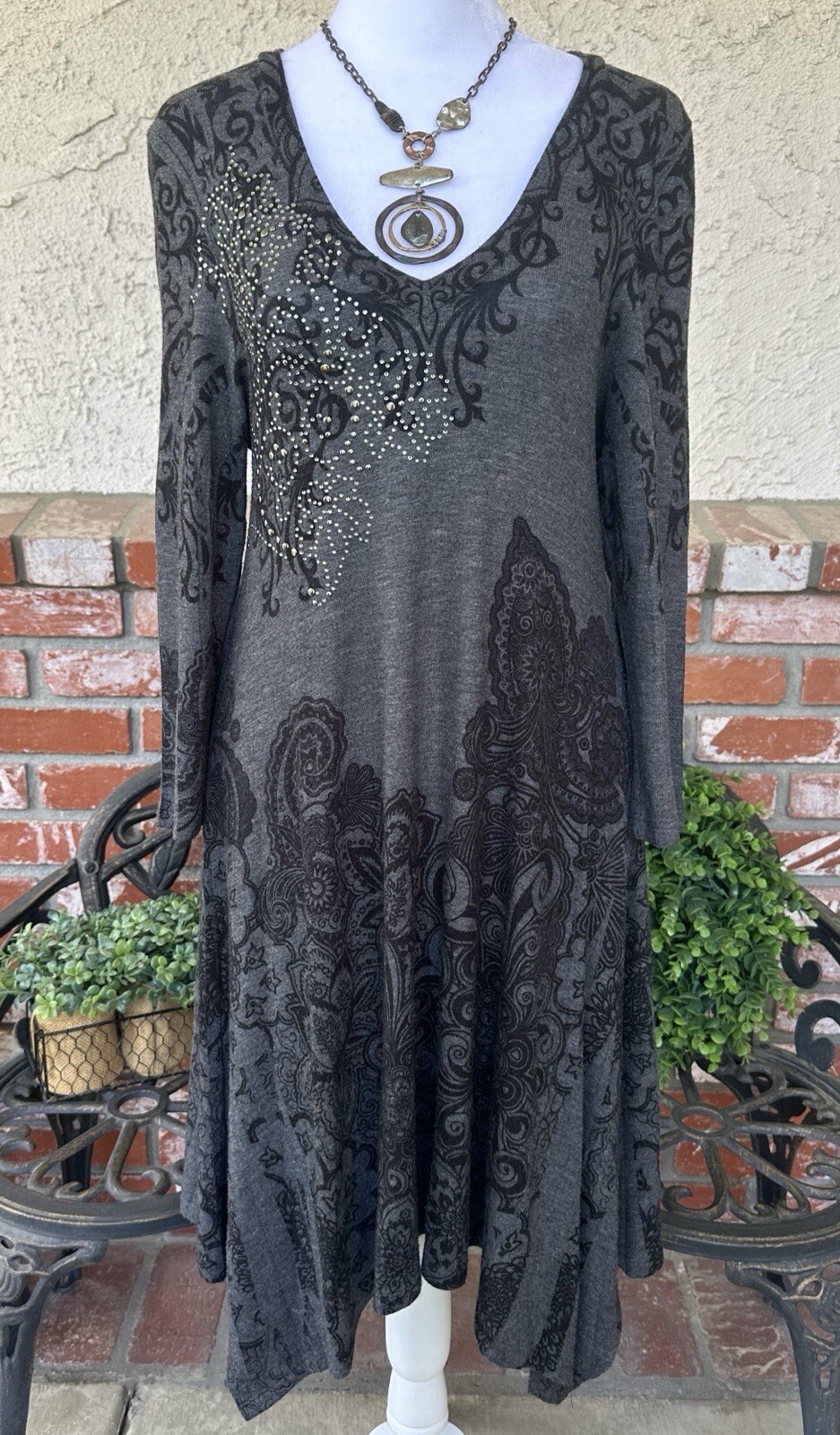 Vintage Emma Rose Dress; Dark Gray W/Black Scroll Designs; W/Rhinestones & Studs