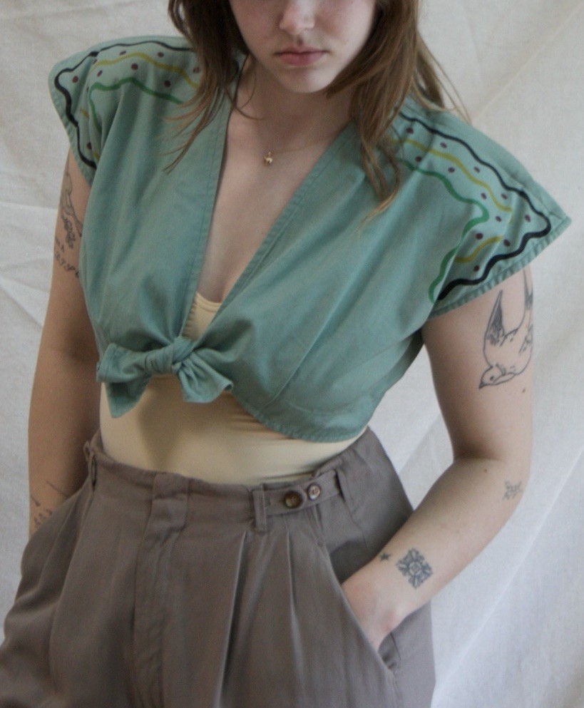 Vintage 1940s Playsuit Top Tie Front Cropped Sage Strong Shoulder Stenciled