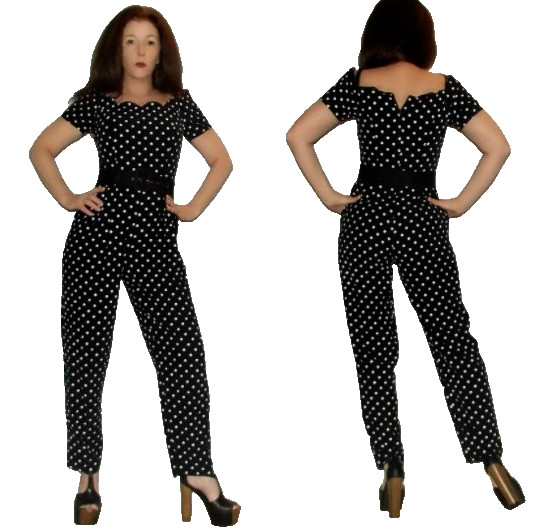 XS S Vtg 80s Ashlee Polka Dot Scalloped Off Shoulder Jumpsuit Romper Pantsuit Ca