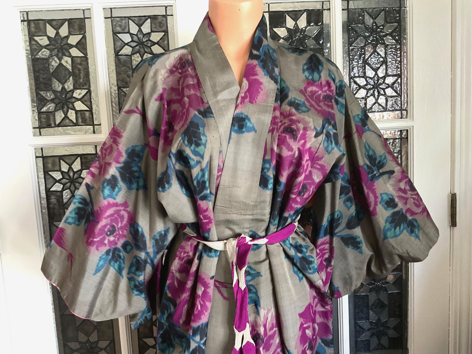 Vintage SILK JAPANESE Kimono Robe Dressing Gown Woven Sash Tie