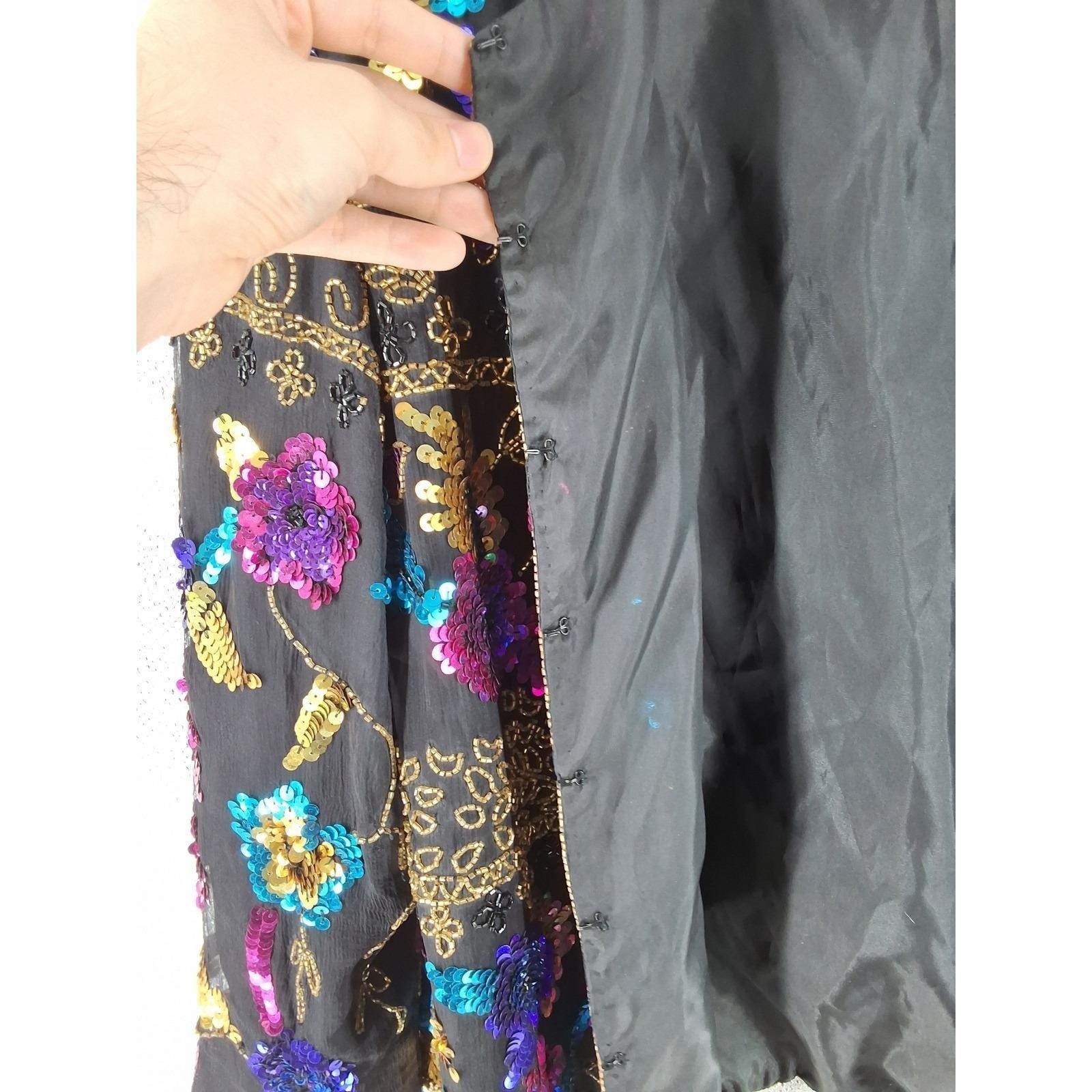 Vintage Drapers & Damons Silk Sequin Beaded Floral Evening Jacket Black PXL