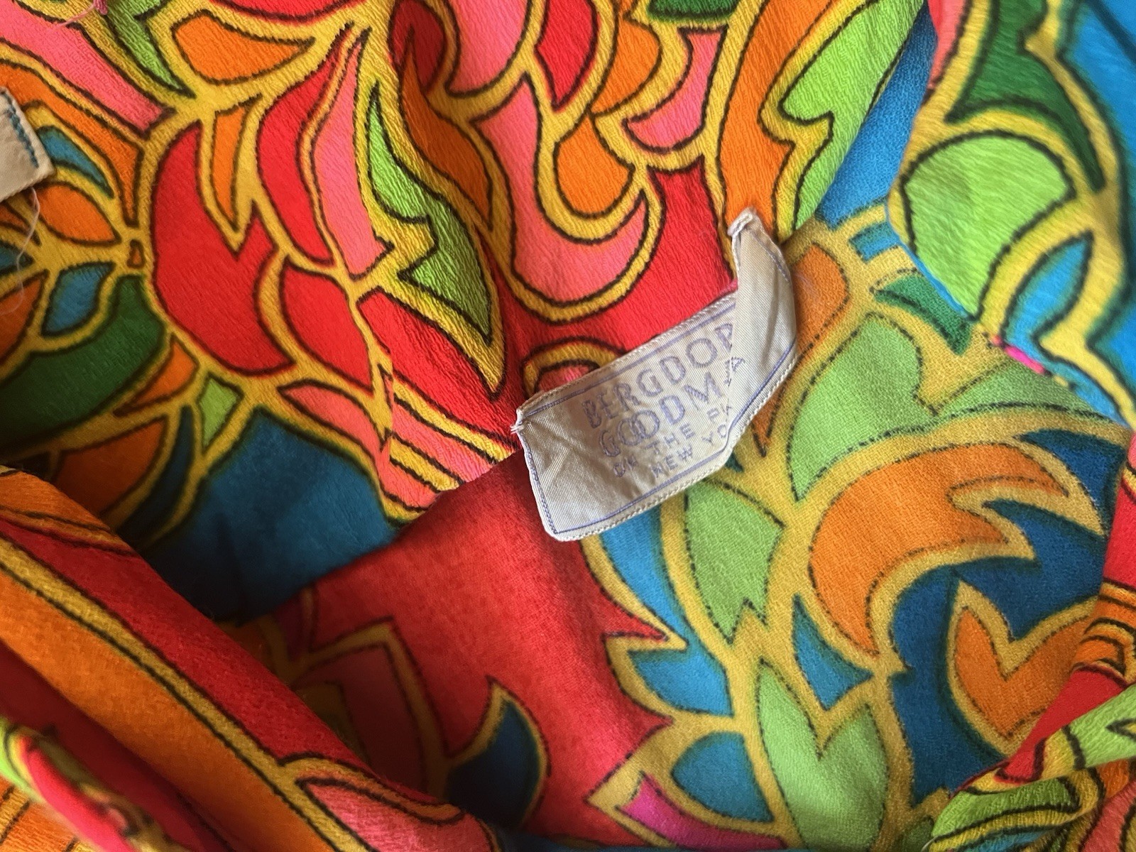 Vintage 70s Bergdorf Goodman Dress Maxi Winged Kaftan Psychedelic Vibrant Retro