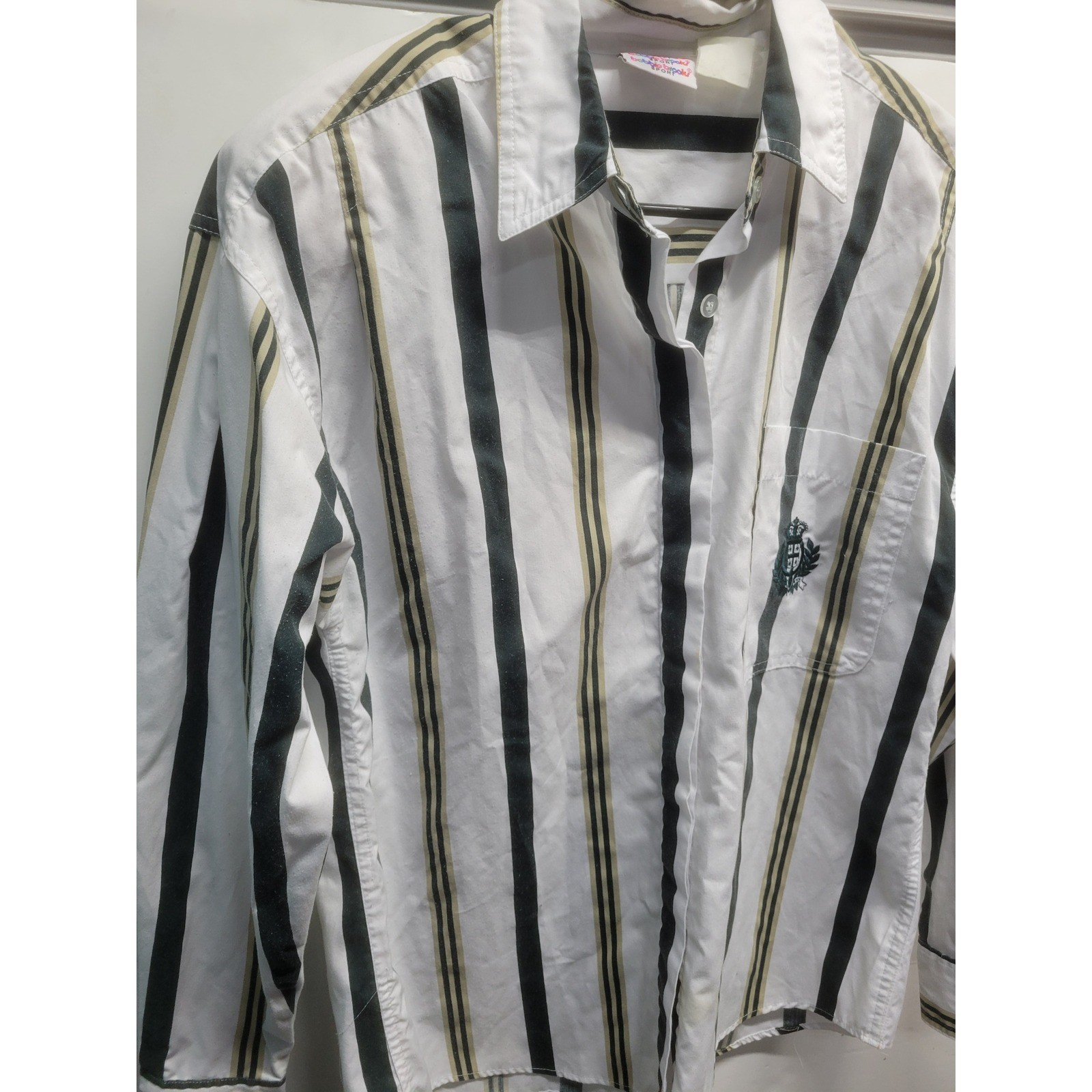 Bobbie Brooks Sport Striped Button Down Shirt White Green Tan Embroidered Crest