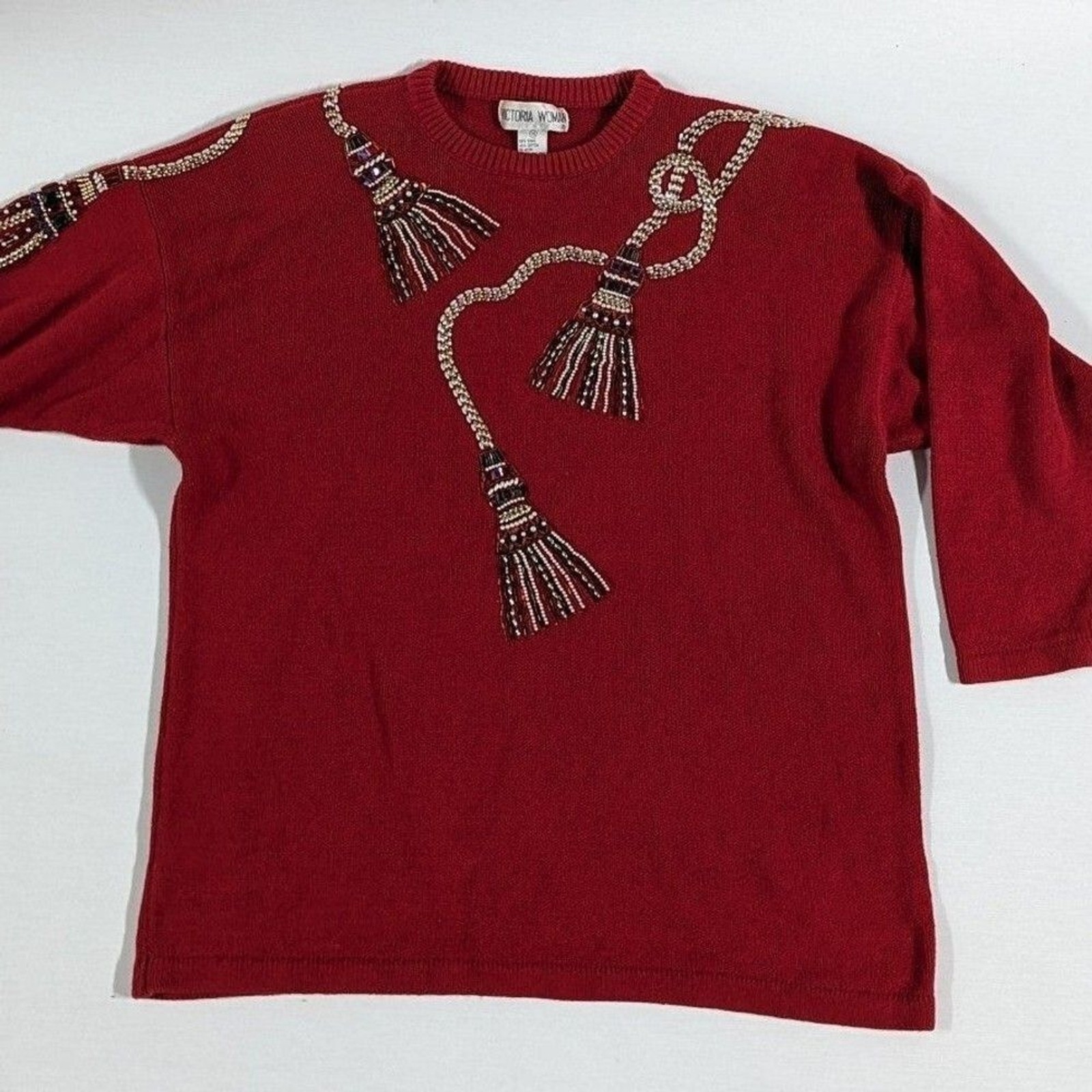 Vintage Victoria Woman Size 1x Red Ugly Christmas Sweater Glass Beaded Design