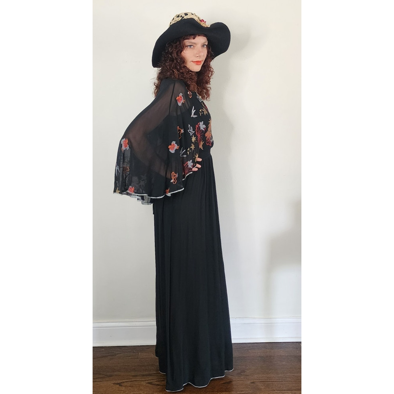 Vintage 1970s Janice Wainwright Maxi Dress Embroidered Butterfly Sleeves Capelet
