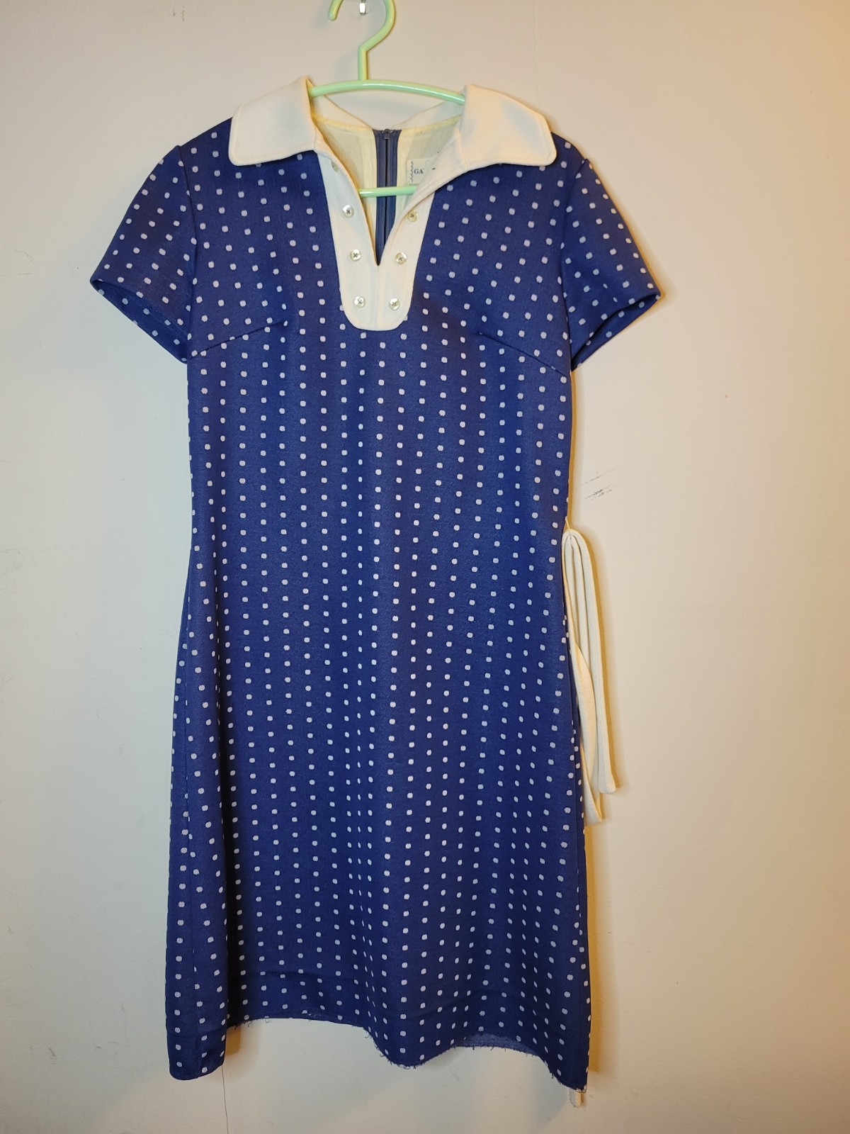 Vintage 60s Blue/White Mod Shift Dress Midi Short Sleeve Belted-size(photo)