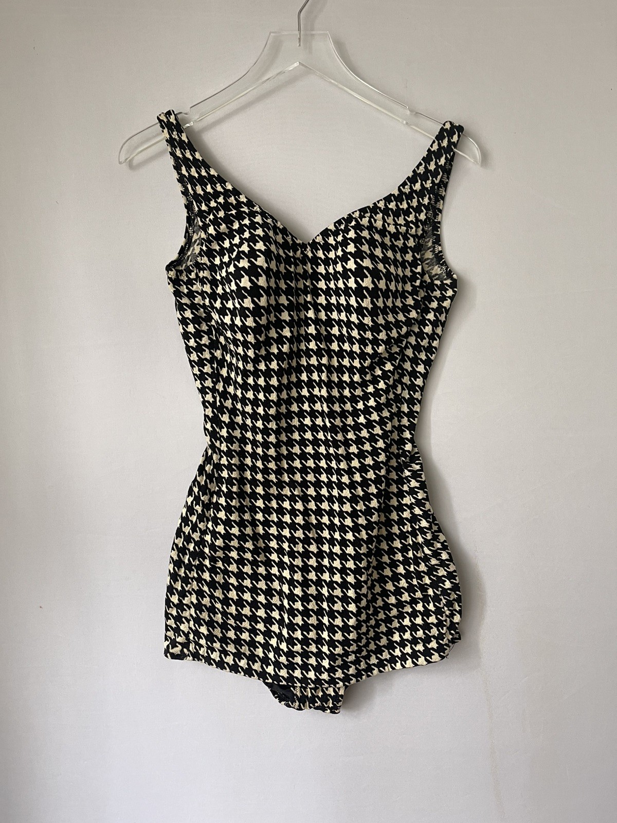 Vintage One Piece Jantzen Swimsuit Houndstooth Check Knit W Bullet Bra 12/34