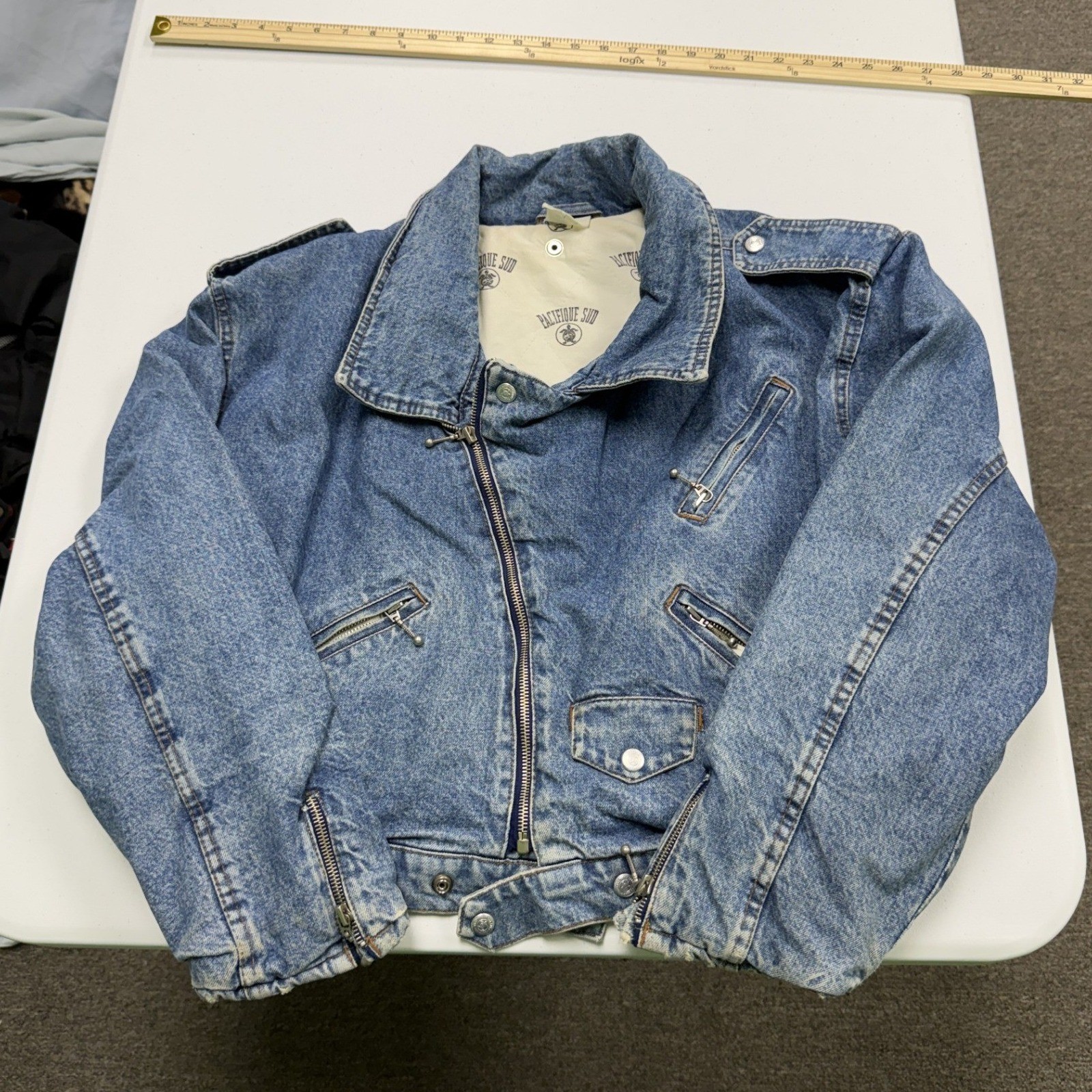 Pacifique Sud Denim Moto Jacket womans L Blue Fair Acid Wash Vintage Biker Style