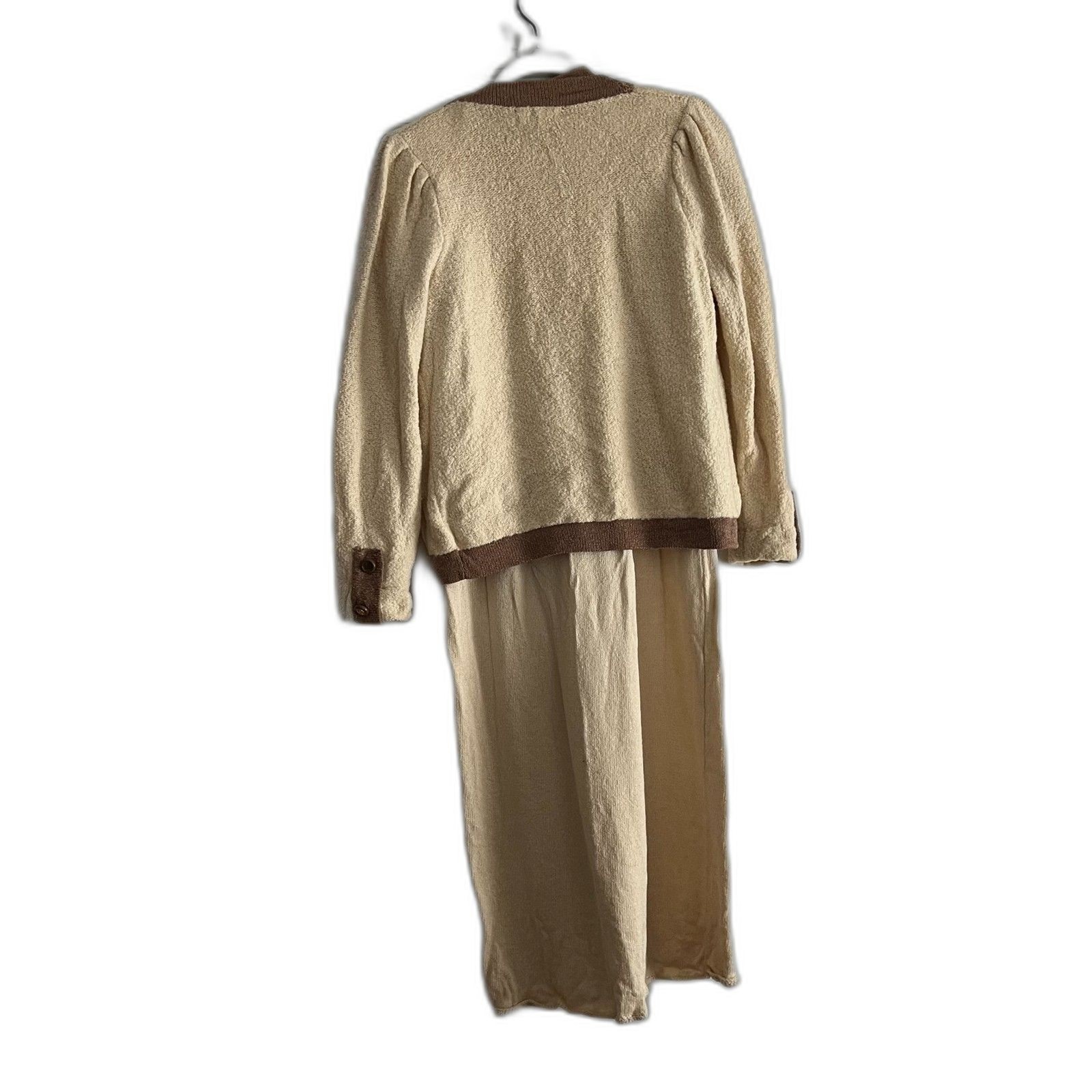 Vtg 1970s Pat Sandler Knit Set – dress & cardigan cream brown gold buttons S/M
