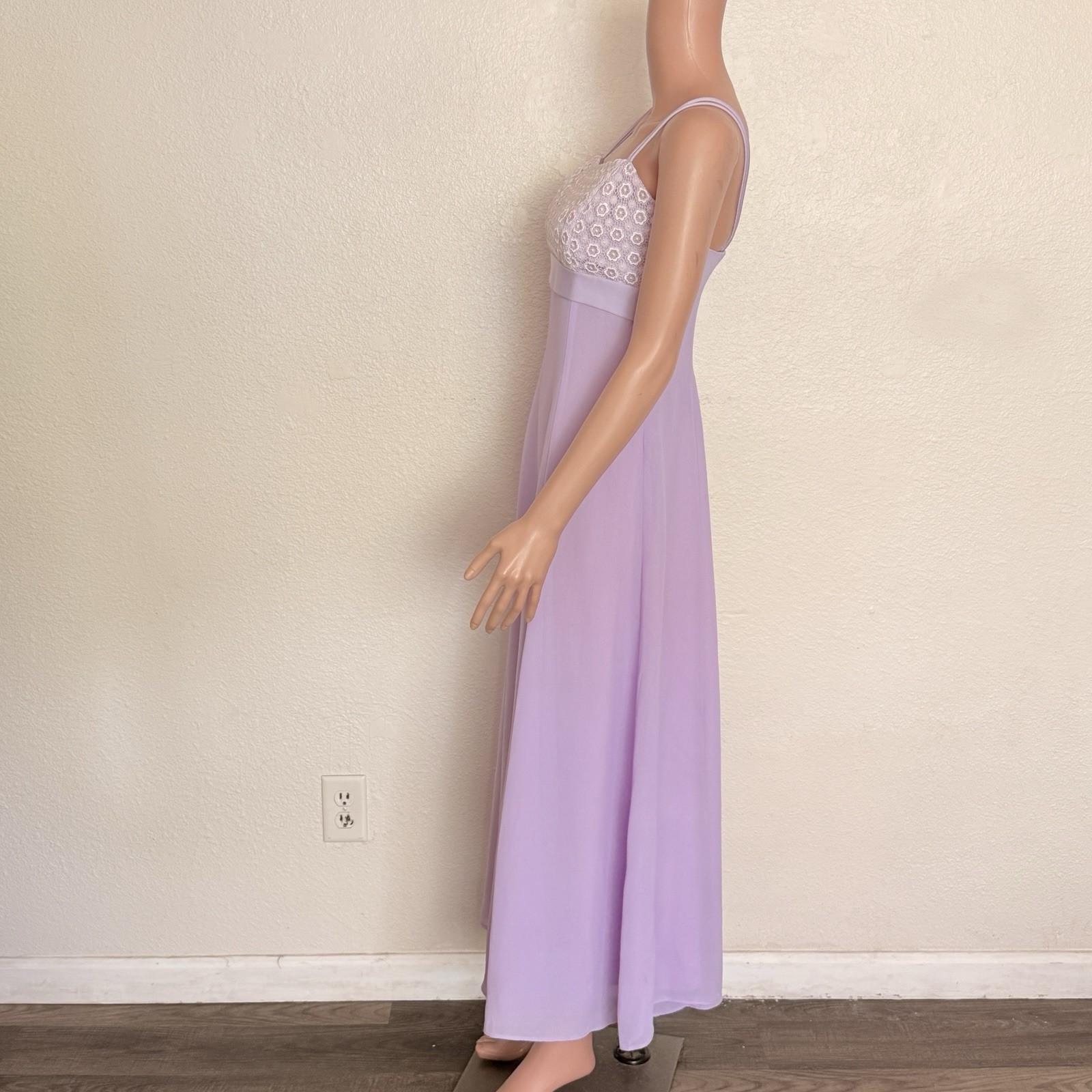 Vtg 90s Lavender Floral Lace Empire Waist Prom Dress Pastel Purple Maxi
