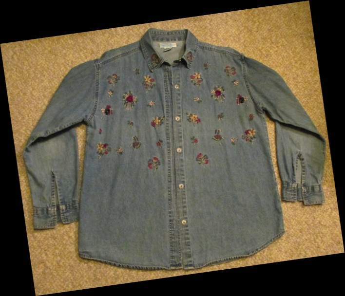 Vintage Passports Blue Denim Shirt Jacket Medium, Embroidered Floral