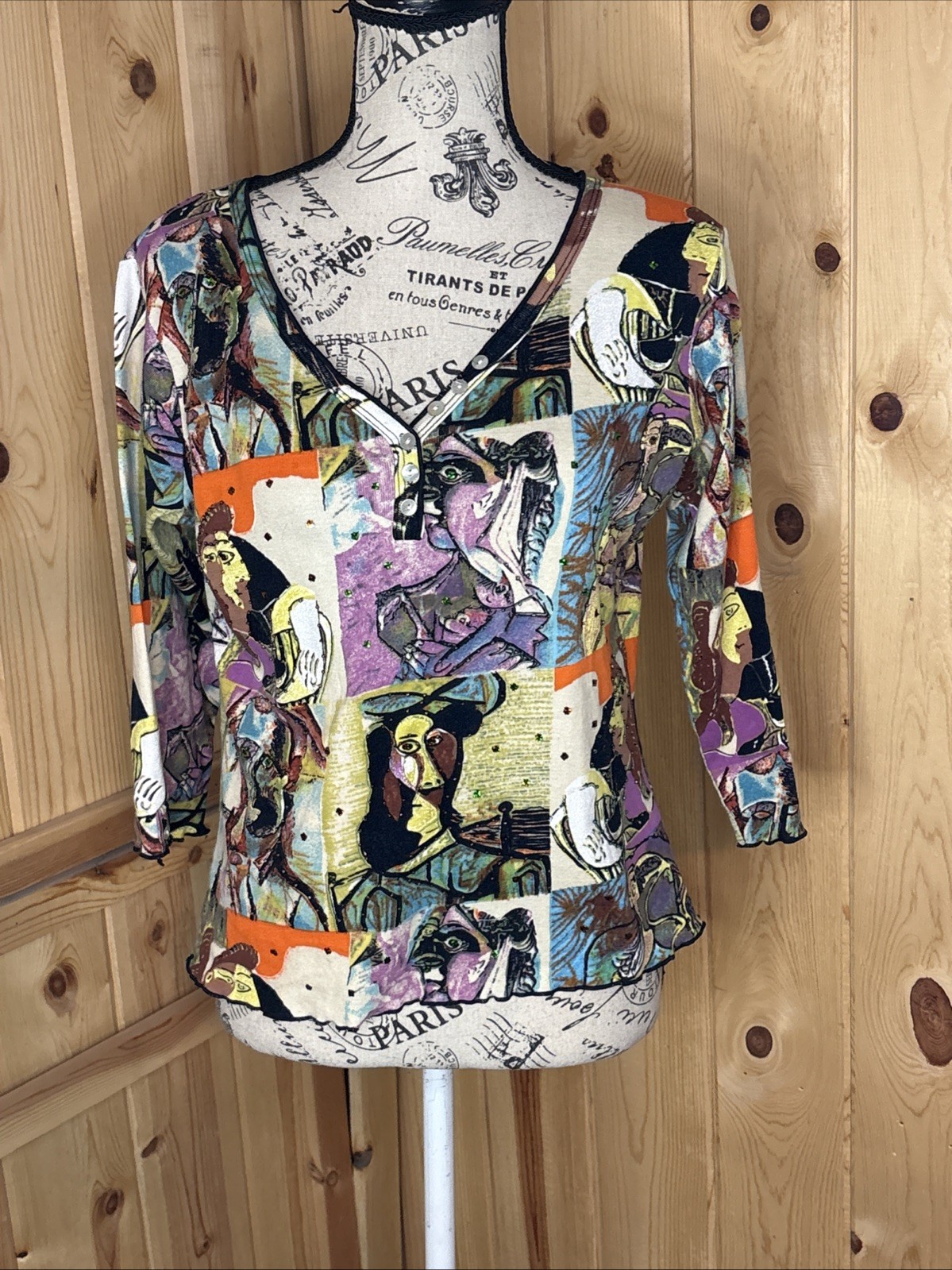 Vintage 90s Zashi Beaded Picasso Abstract Art Top Funky Art Wear Medium
