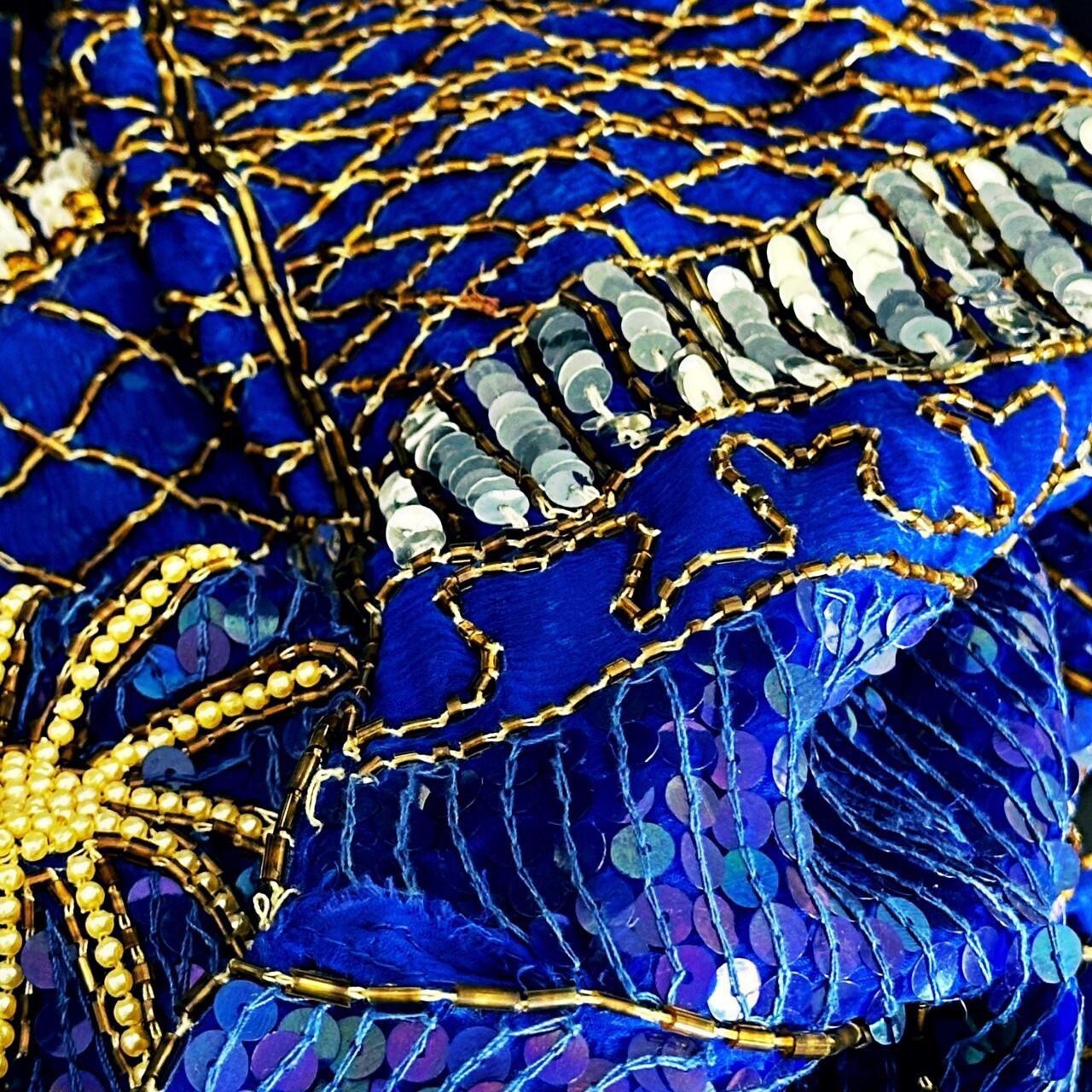 Stunning Vintage SILK INDIA Full Sequin Sapphire Blue Beaded Cocktail Dress M