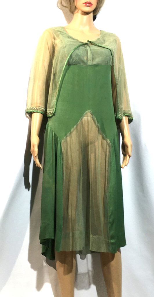 Vintage Antique 1920s Fairy Green Gown Capelet Cape Dress Tulle Silk Art Deco