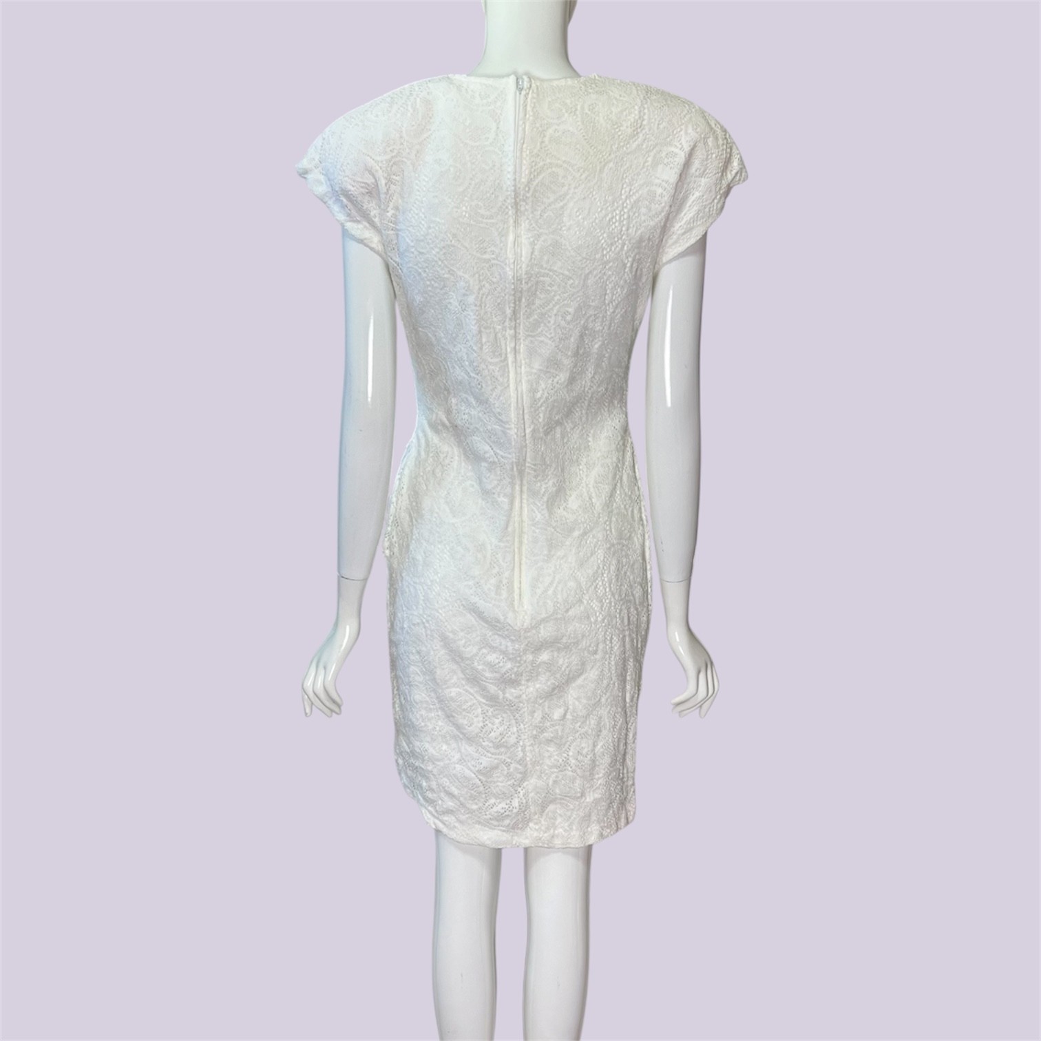 Vintage 80s White Paisley Lace Cocktail Mini Dress Chic Padded Shoulder Sz 9/10