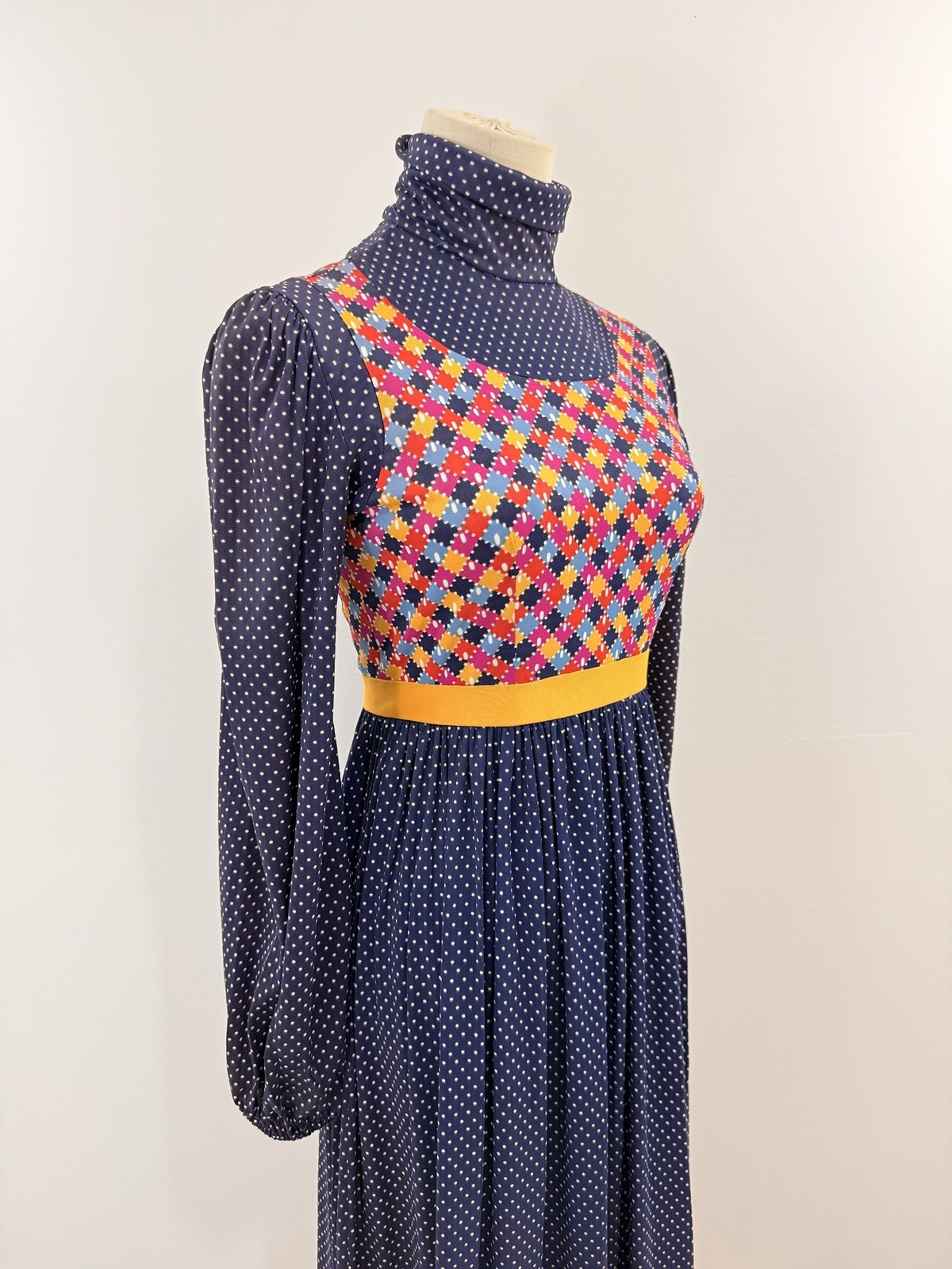 Jonathan Logan 70s VTG Navy Maxi Dress Microdot Faux Patchwork L/S Retro Boho