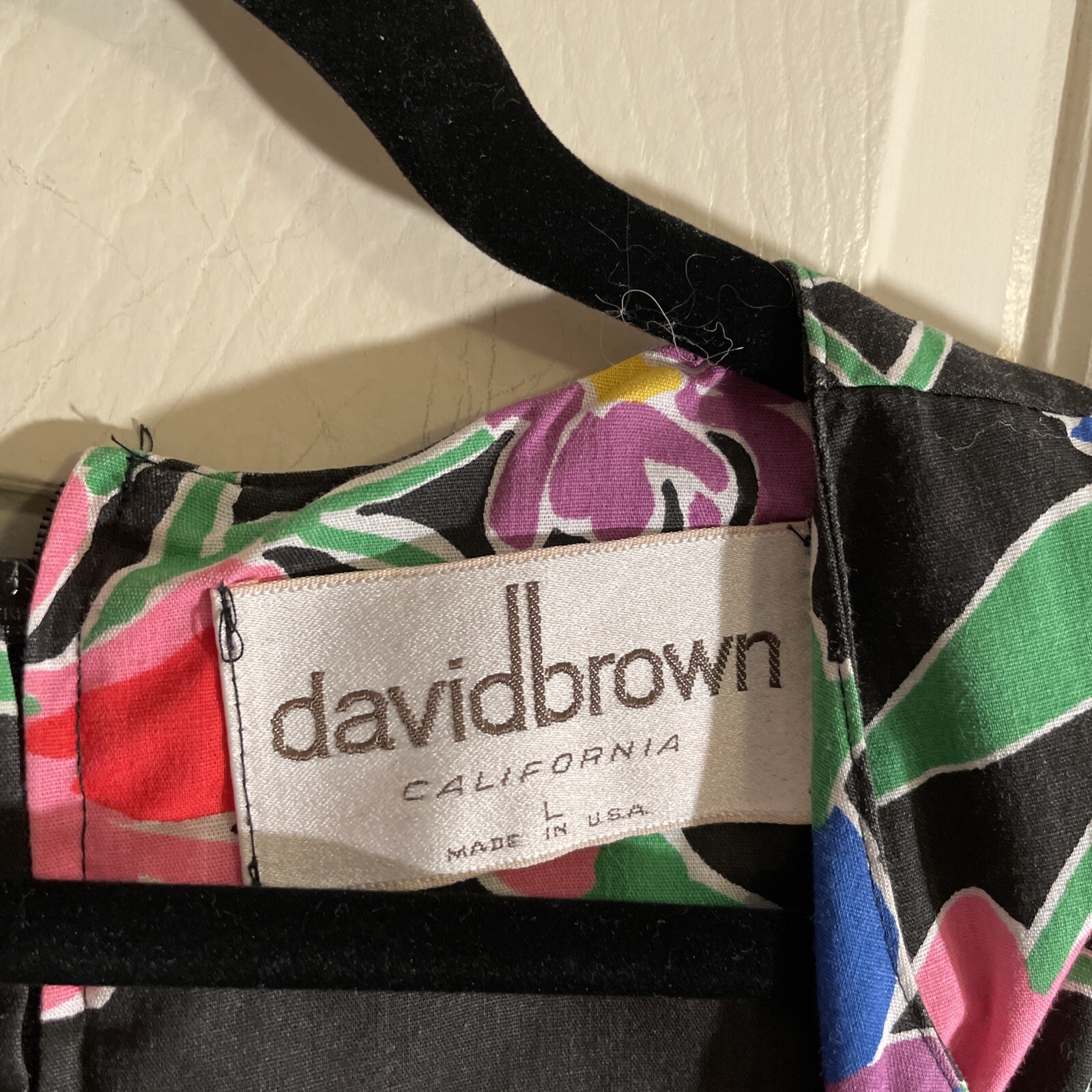 Vintage 70s 80s David Brown, Black Multi Color Flower Hawaiian Print Dress L