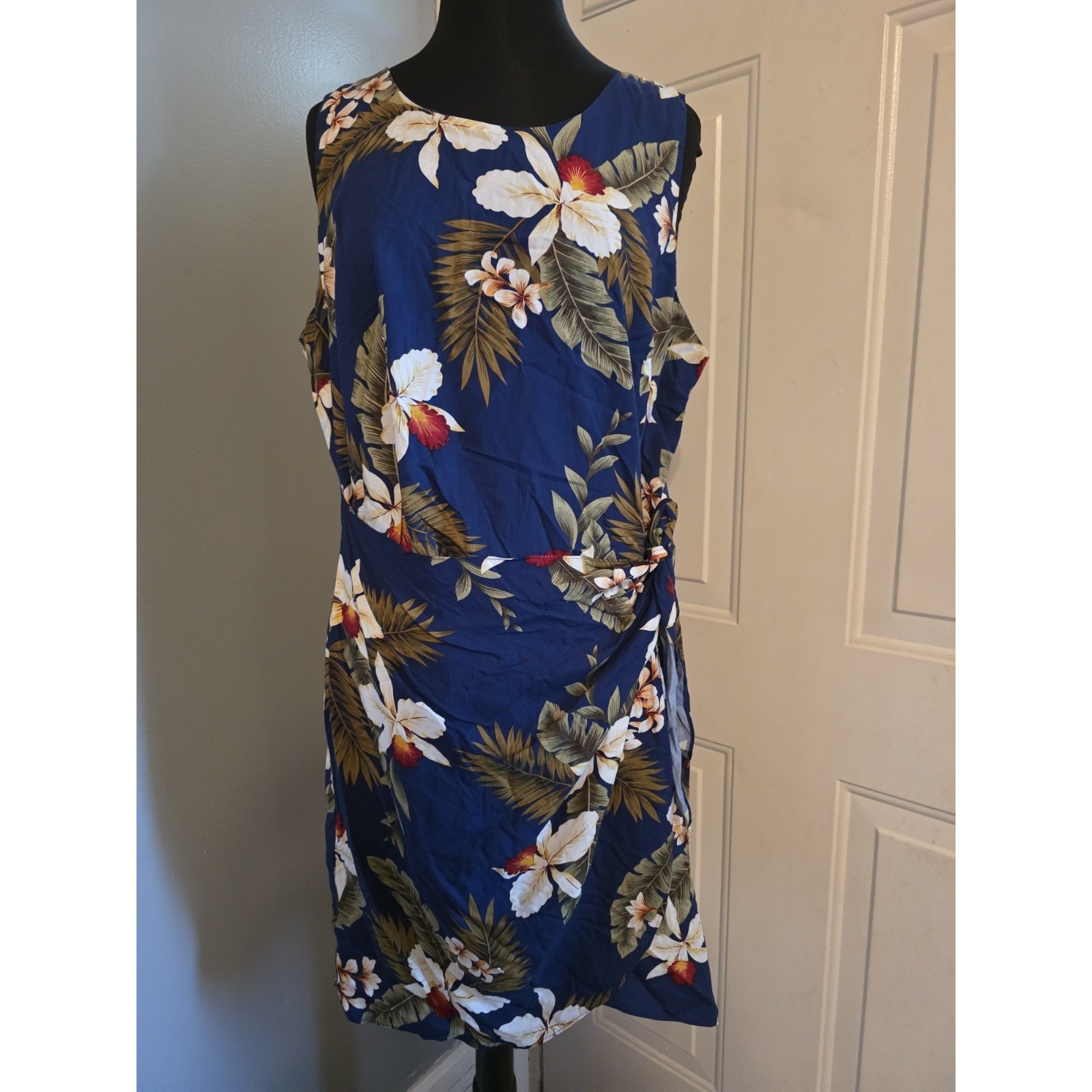 Vtg Two Palms Floral Faux Wrap Dress Hawaii Made Rayon 2XL Resort Wear Blue