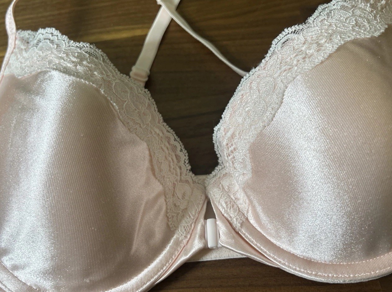 Vintage Sears Pink White Lace Trim Shiny Second Skin Bra Size 36C Front Closure