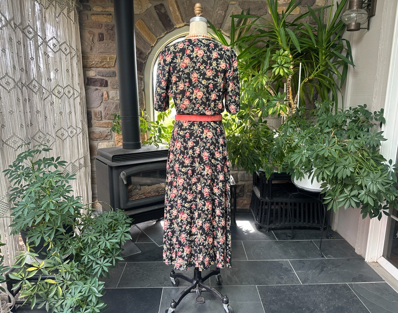 Vintage 1980s Black Pink Green Floral Rayon Dress