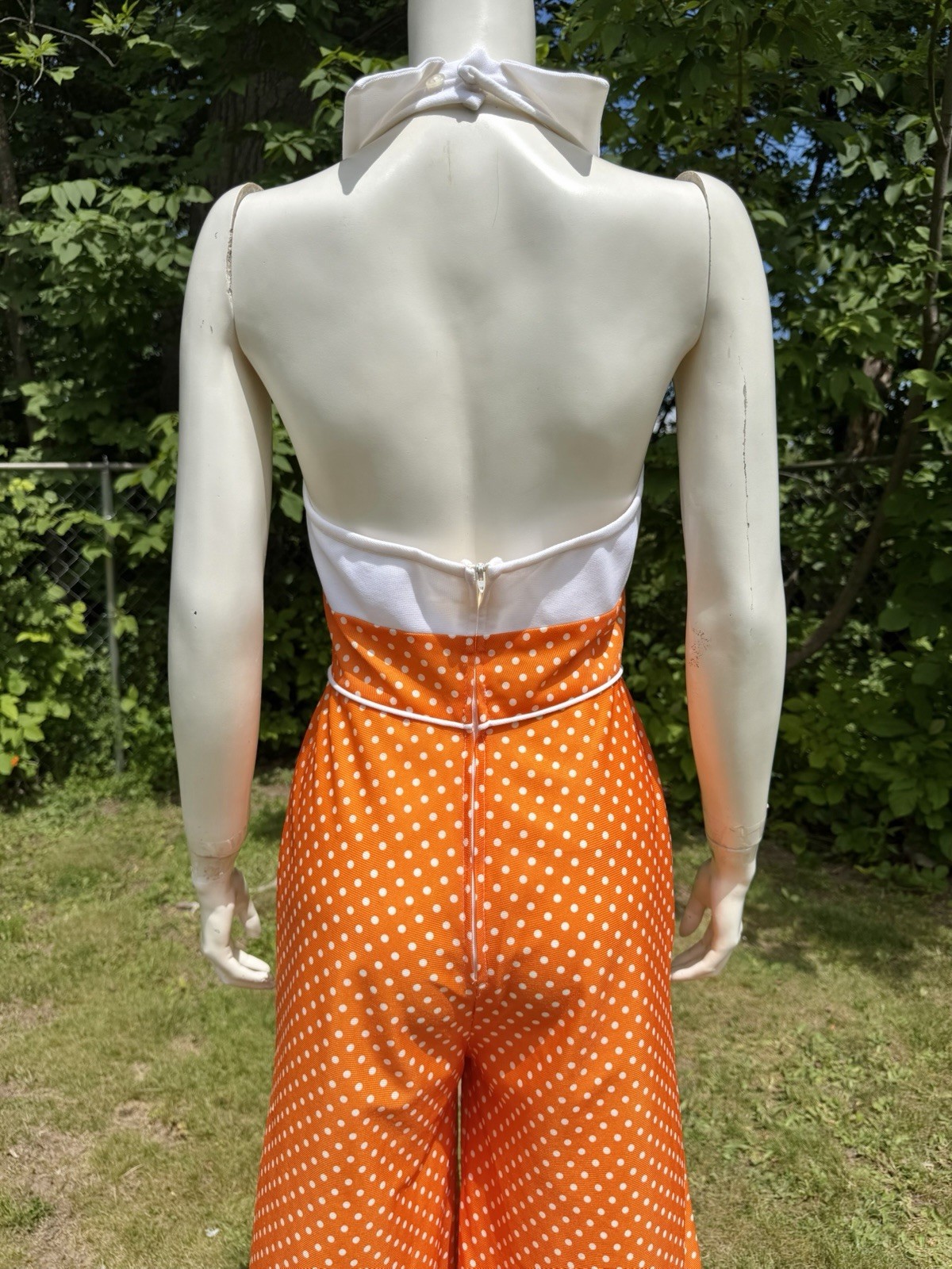 1960s 1970s BELL BOTTOM JUMPSUIT Vintage Romper Polka Dot Tuxedo Halter White