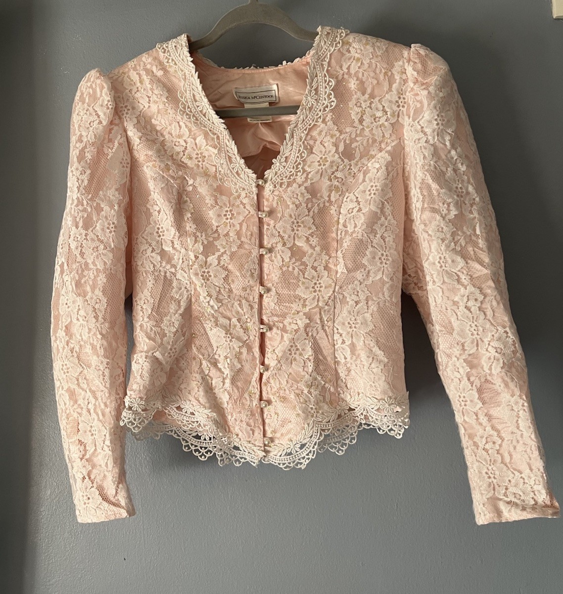 Vintage Jessica McClintock Jacket Pink w White Lace and Shimmer Details Small