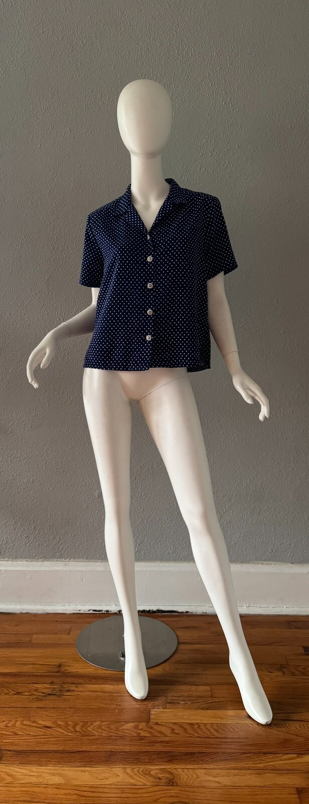 Vintage 80s Navy Blue Polka Dot Nautical Boxy Button Top Blouse M