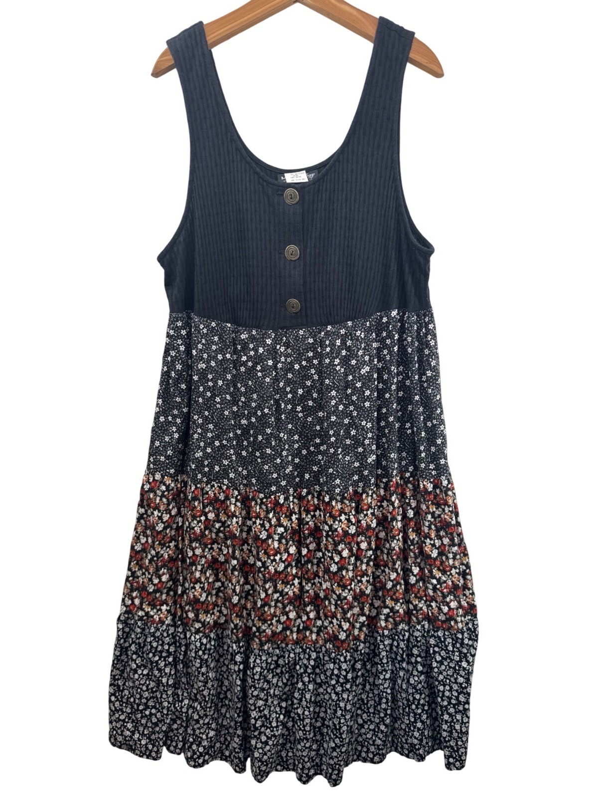 Vintage More-Jazz Dress 2X Black Floral Tiered 80s 90s Cottage Fairy Boho Phoebe