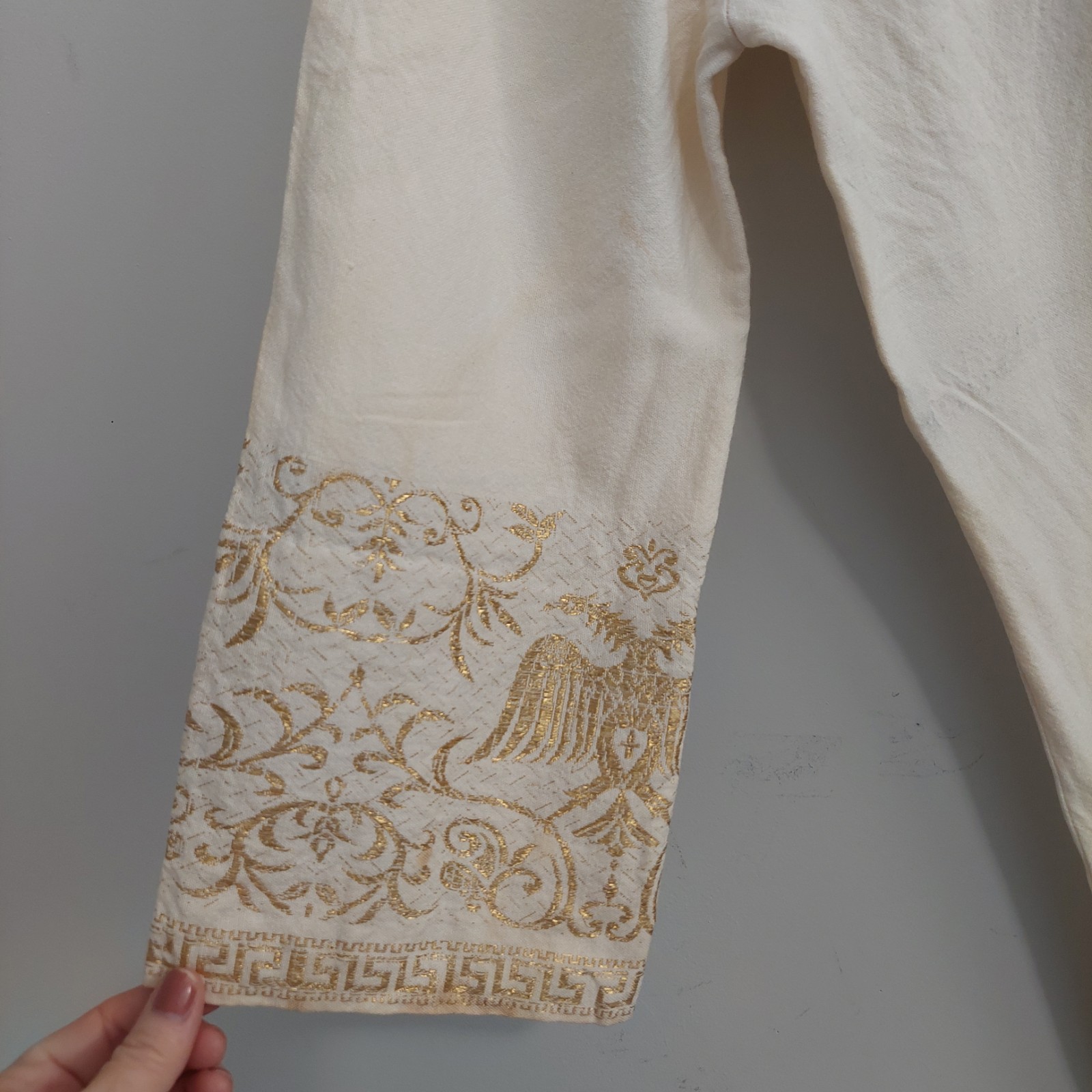 Vtg El Greco Tsitsibacos Bros Greece Caftan Dress Ivory Gold Byzantine Eagle SM