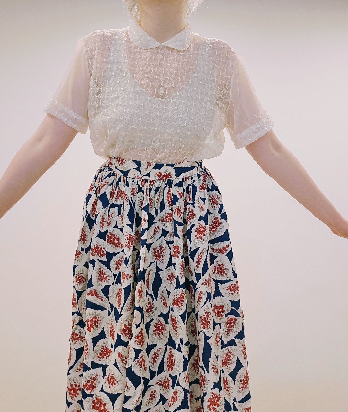 40s VTG Sheer Peter Pan Collar Blouse Sm/Med PinUp Nylon Sweet Kawaii Top Button