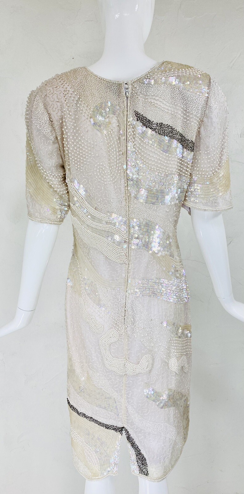 Vtg MODI Off White Champagne Silk Bead Sequin Evening Cocktail Wedding Dress, S