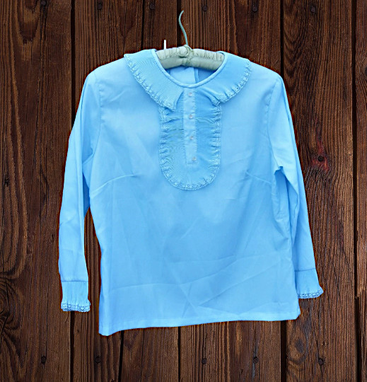 Going-To-A-Go-Go Ruffled Baby Blue 3/4 Sleeve Top;’60s Mod Size 4-5/Small