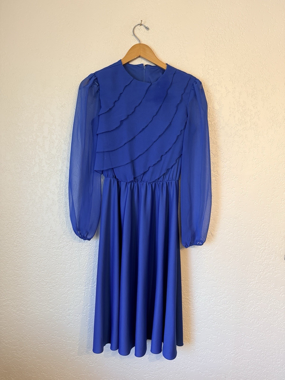 Amy-Deb Vintage 80s Blue Chiffon Ruffle Midi Dress Deadstock NWOT Sz 10