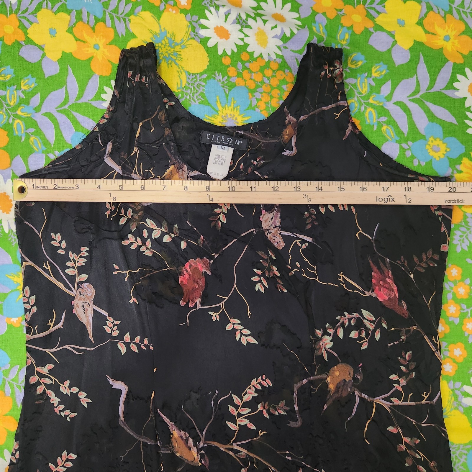 Citron Santa Monica Vintage 90s Sheer Silk Black Velvet Midi Dress