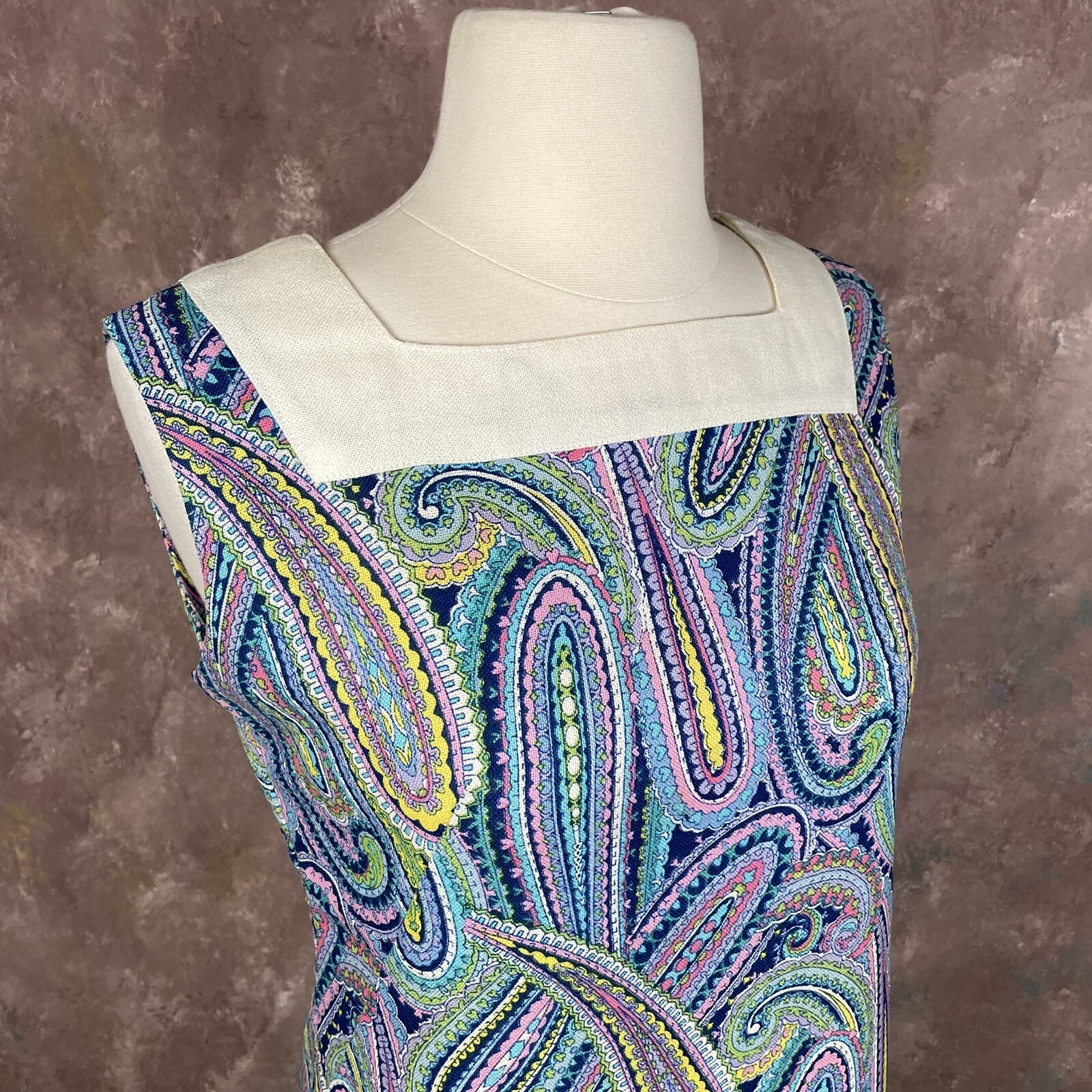Paisley Shift Dress Vintage 1960s XS Sleeveless Blue Purple Yellow Handmade