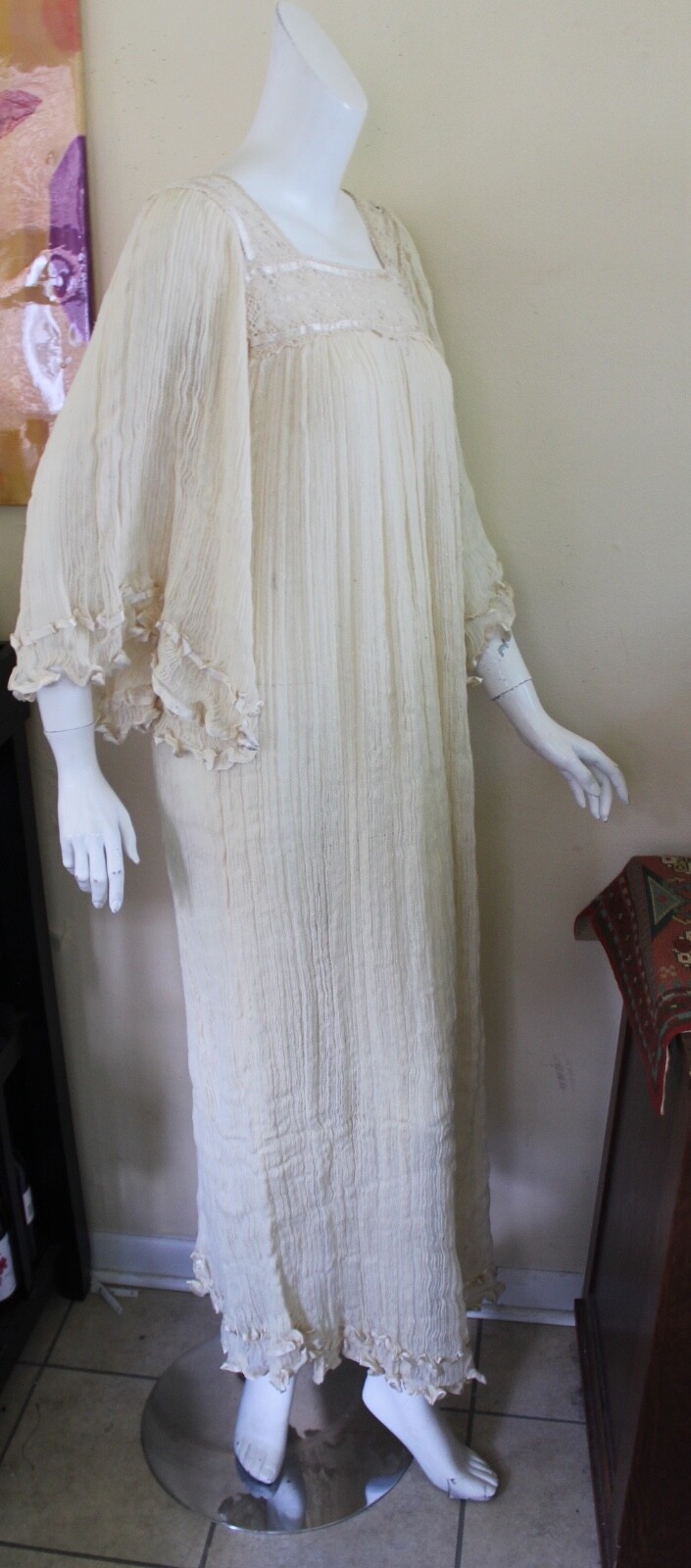 VTG 70s Boho Shopping International L XL M Cream Gauze Long Prairie Hippie Dress